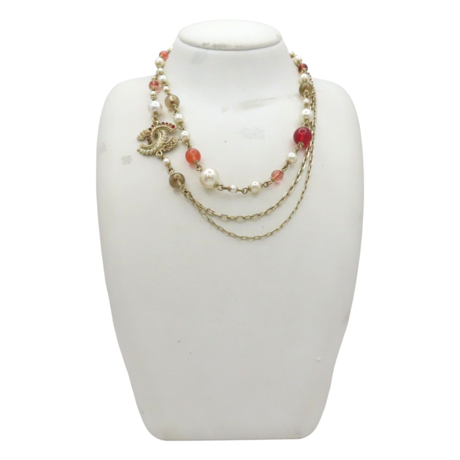 CC Double Glass Pearl and Crystal Chain Long Necklace — view 8
