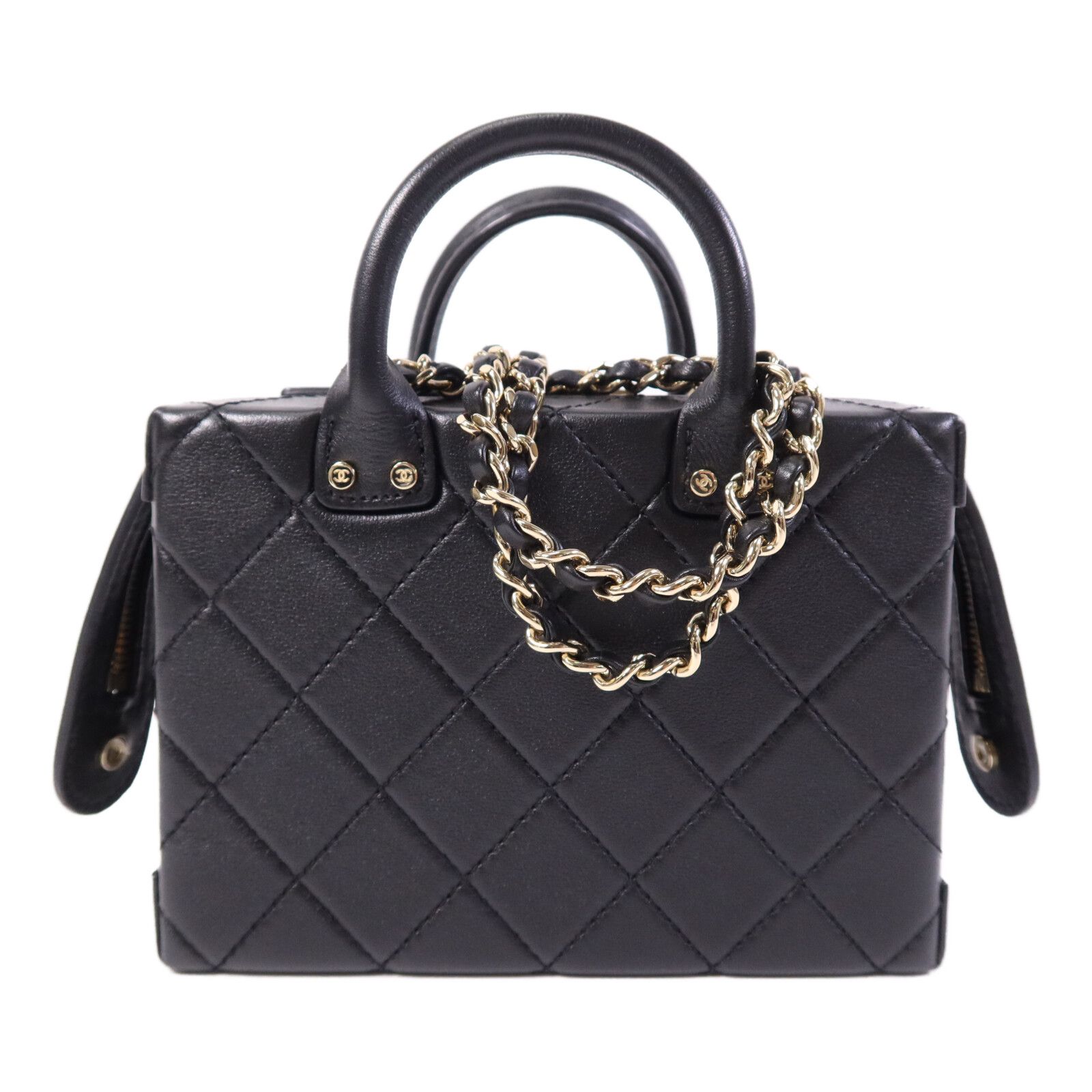 Quilted Calfskin Small Studded Square Vanity Case w/Chain Strap — view 2