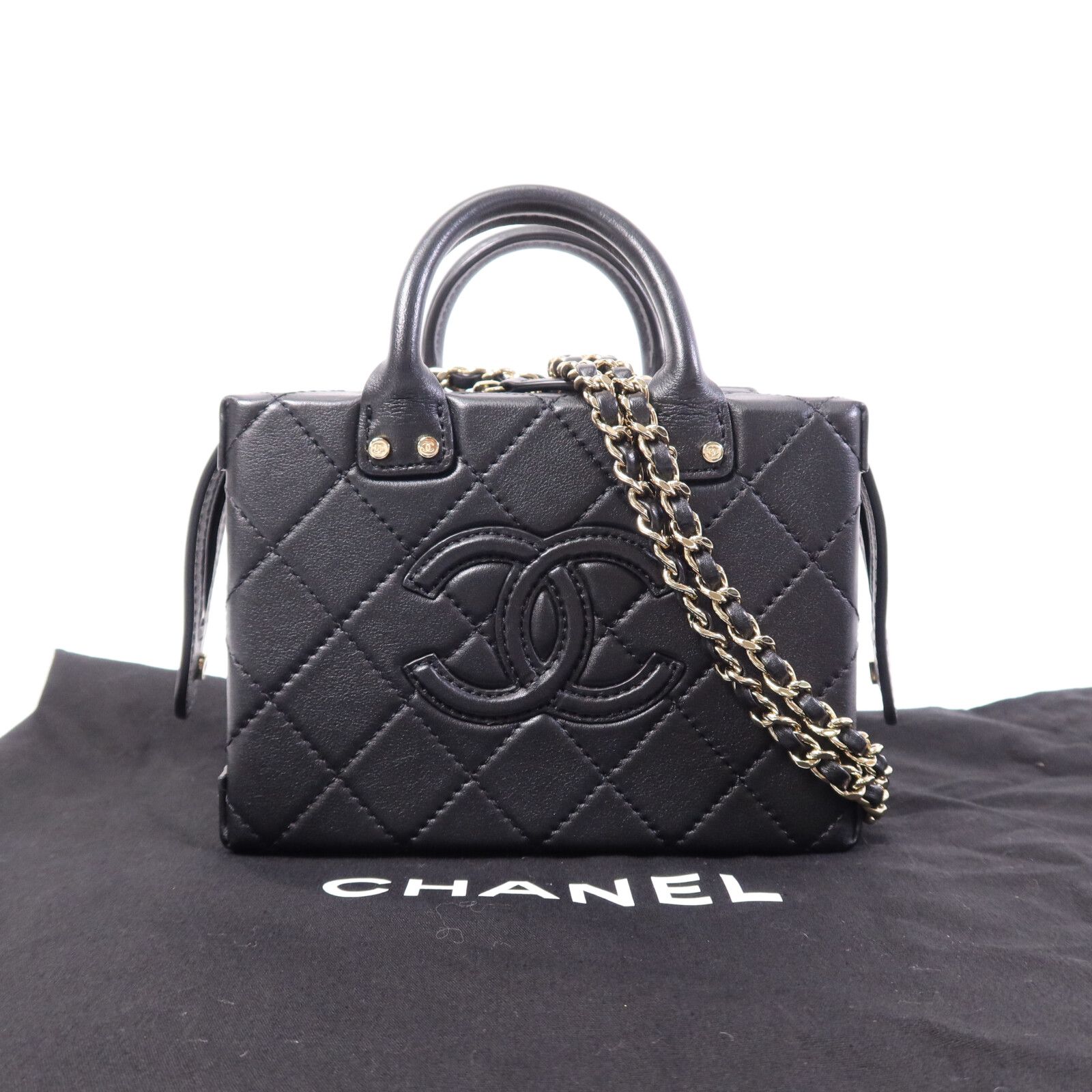 Quilted Calfskin Small Studded Square Vanity Case w/Chain Strap — view 11
