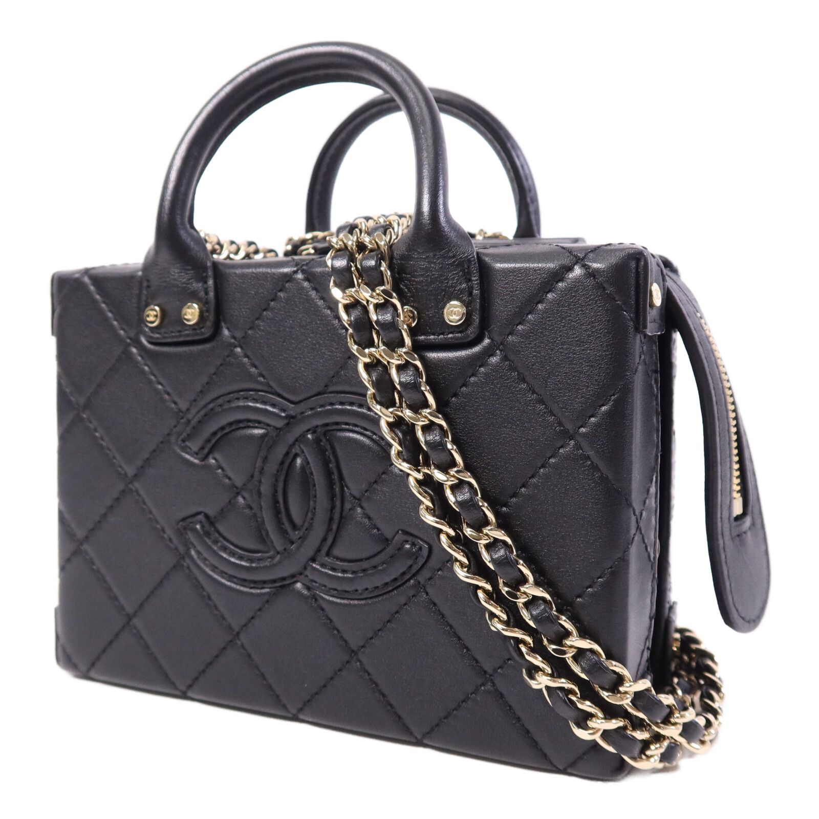 Quilted Calfskin Small Studded Square Vanity Case w/Chain Strap — view 3