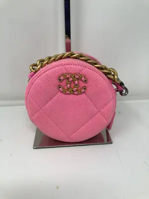 Pink Denim 19 Round Clutch w/Chain
