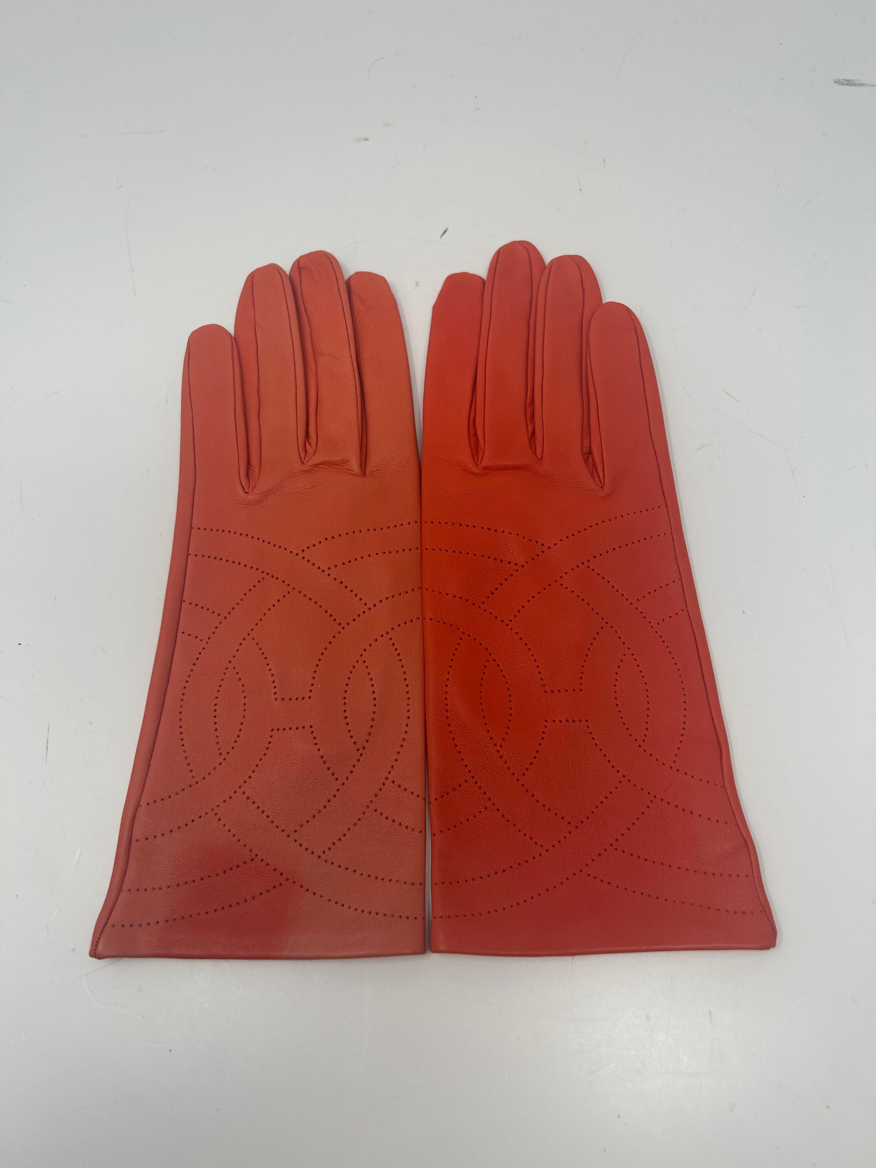 Orange Perforated H Lambskin Gloves — view 8