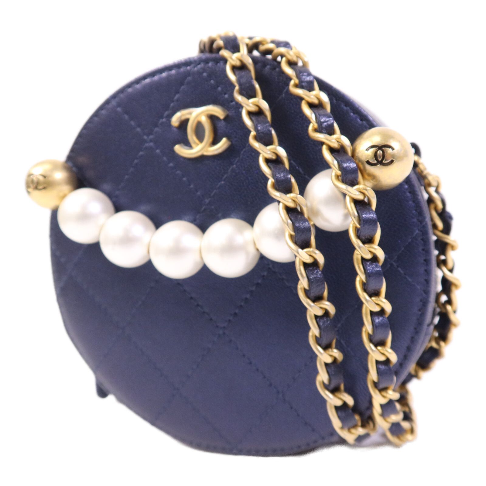 Blue Quilted Lambskin Chic Pearls Round Clutch w/Chain — view 3