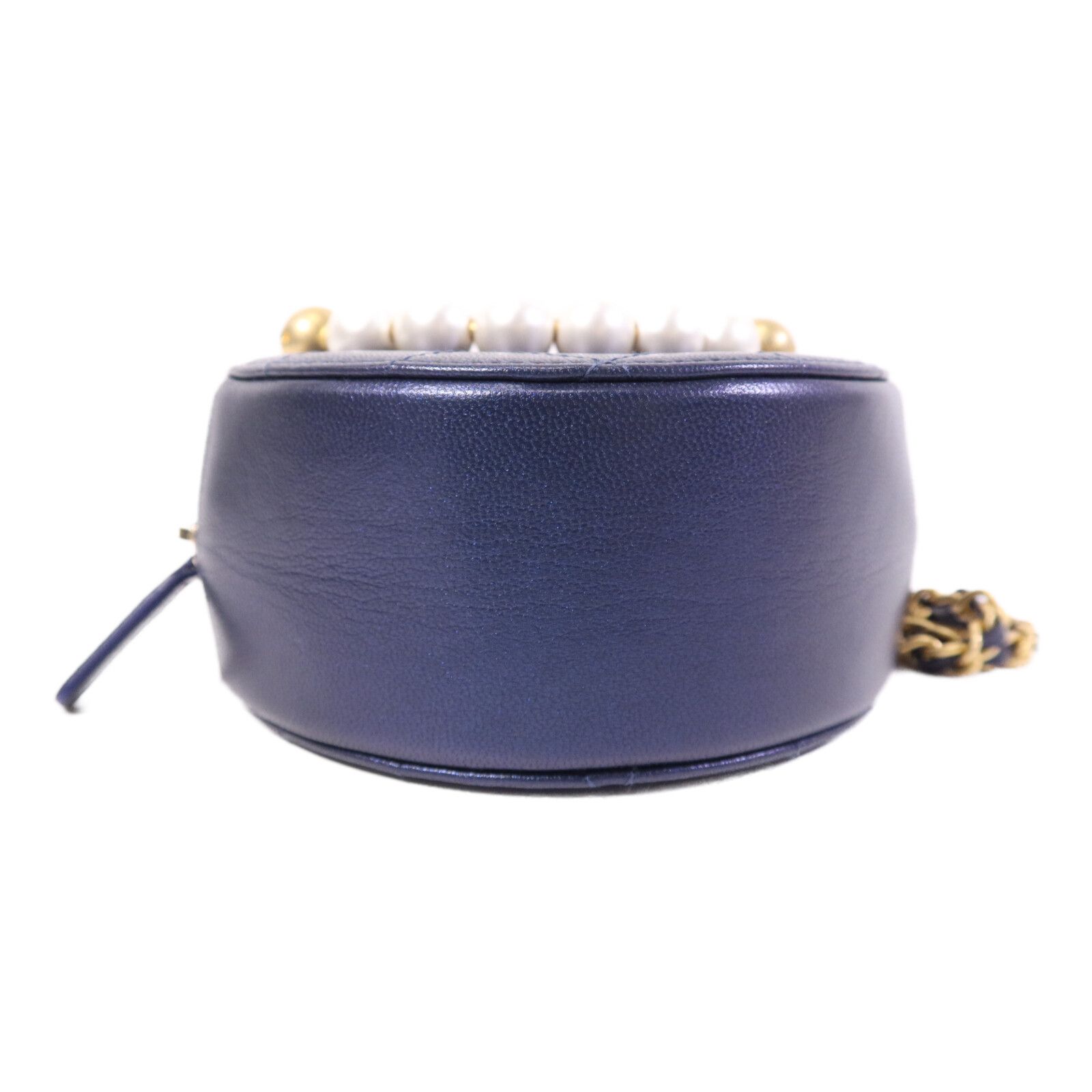 Blue Quilted Lambskin Chic Pearls Round Clutch w/Chain — view 4