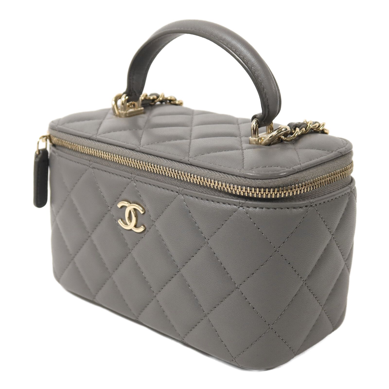 Classic Top Handle Quilted Lambskin Vanity Case with Chain — view 3