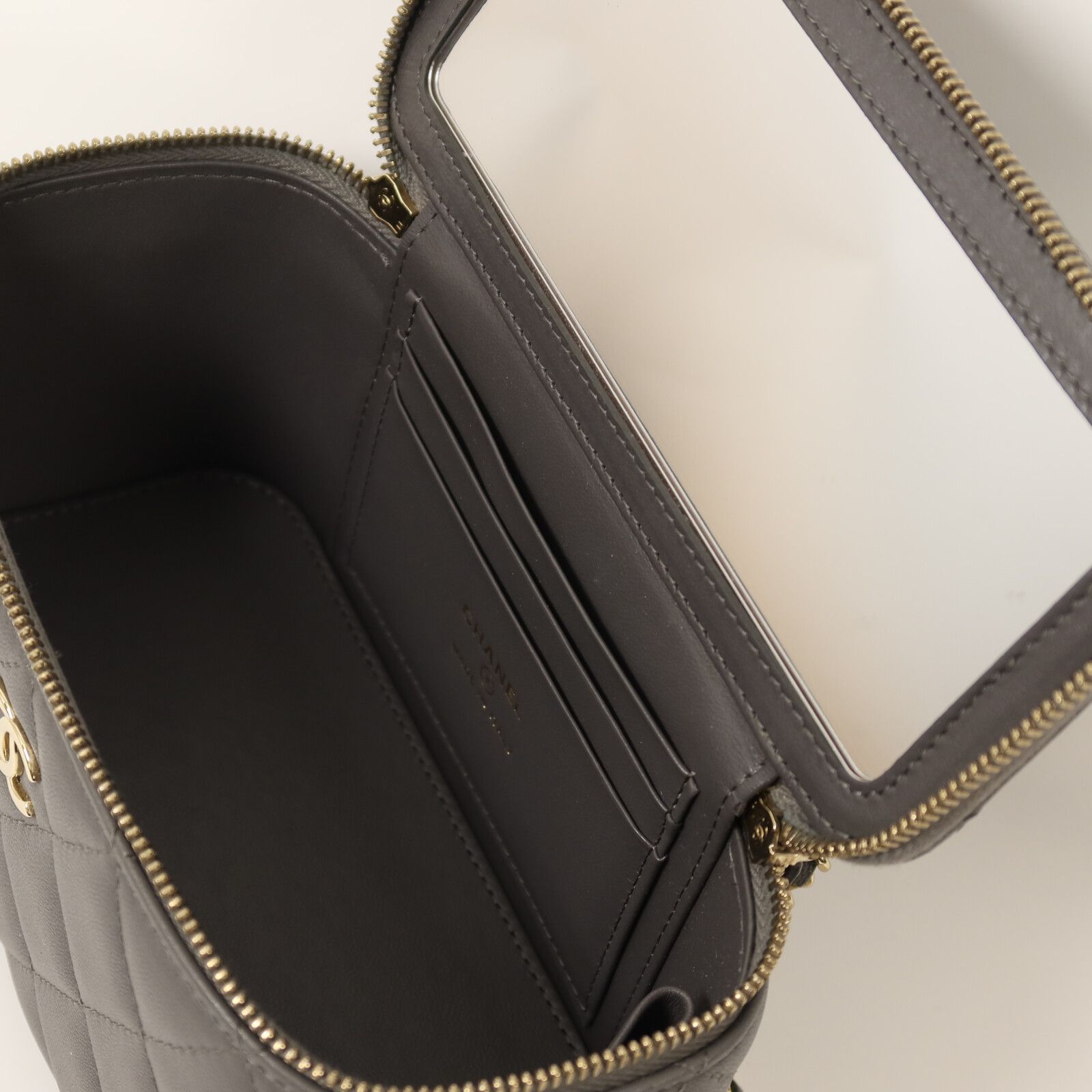 Classic Top Handle Quilted Lambskin Vanity Case with Chain — view 5
