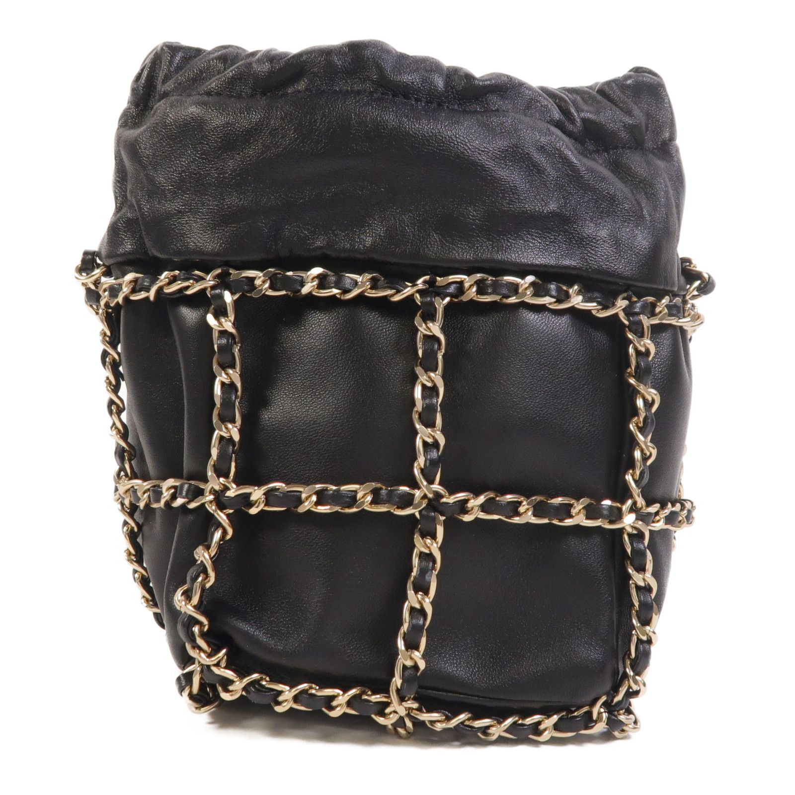 Lambskin Chain Drawstring Bucket Bag w/GHW — view 2
