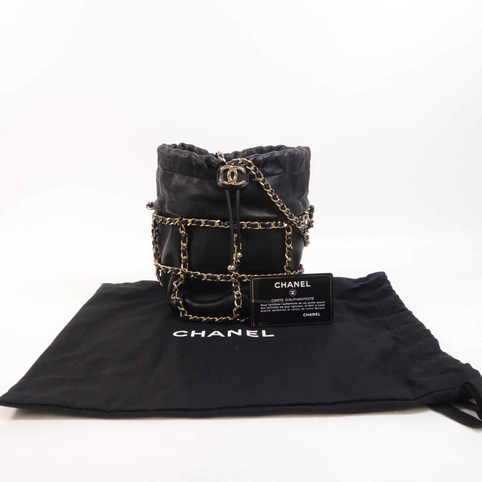 Lambskin Chain Drawstring Bucket Bag w/GHW — view 11