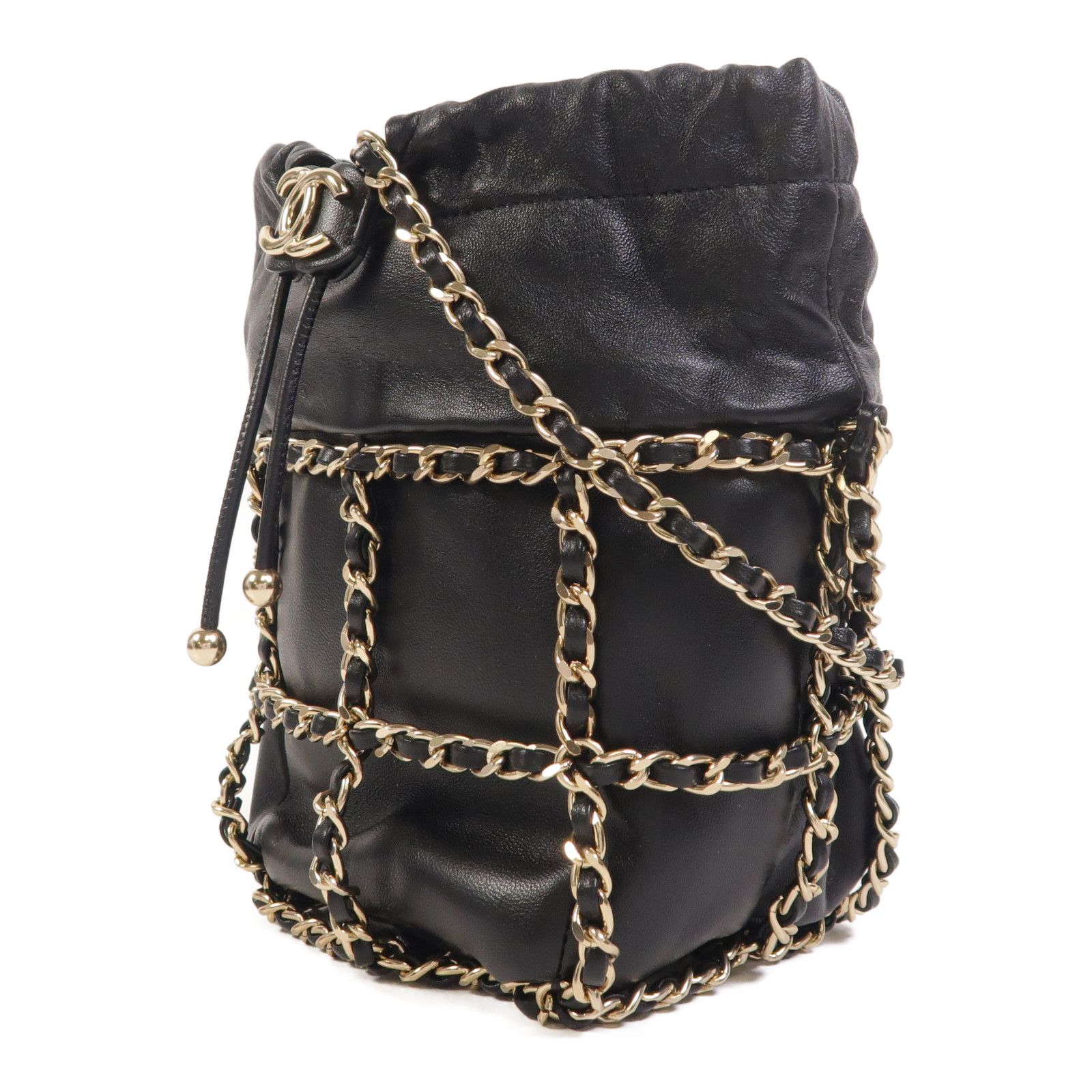 Lambskin Chain Drawstring Bucket Bag w/GHW — view 3
