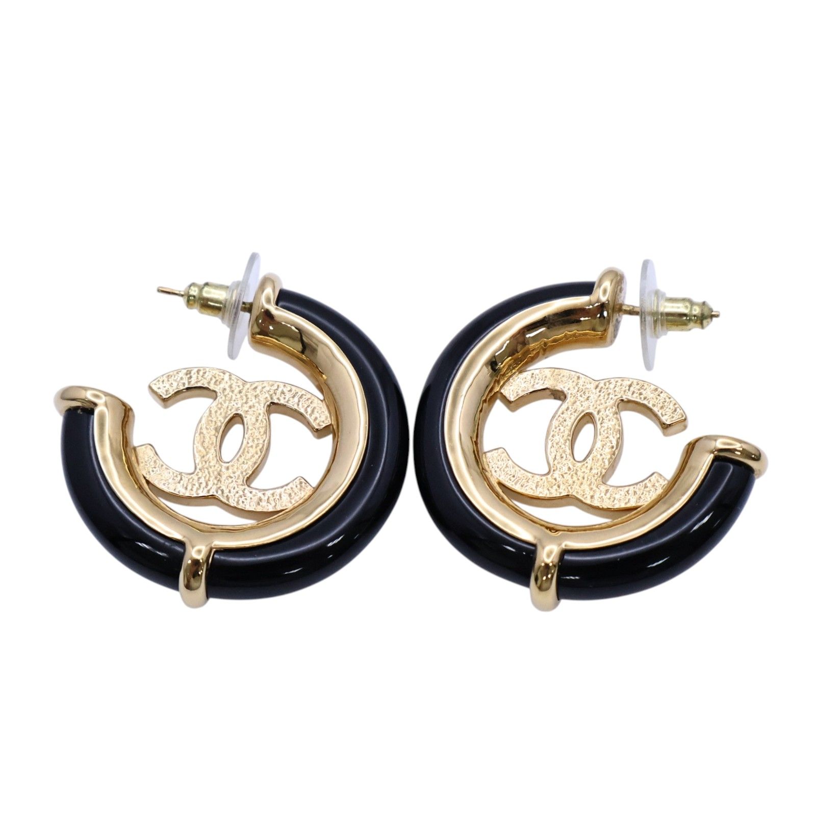CC Crystal Hoop Black Enamel Pierced Earrings — view 2