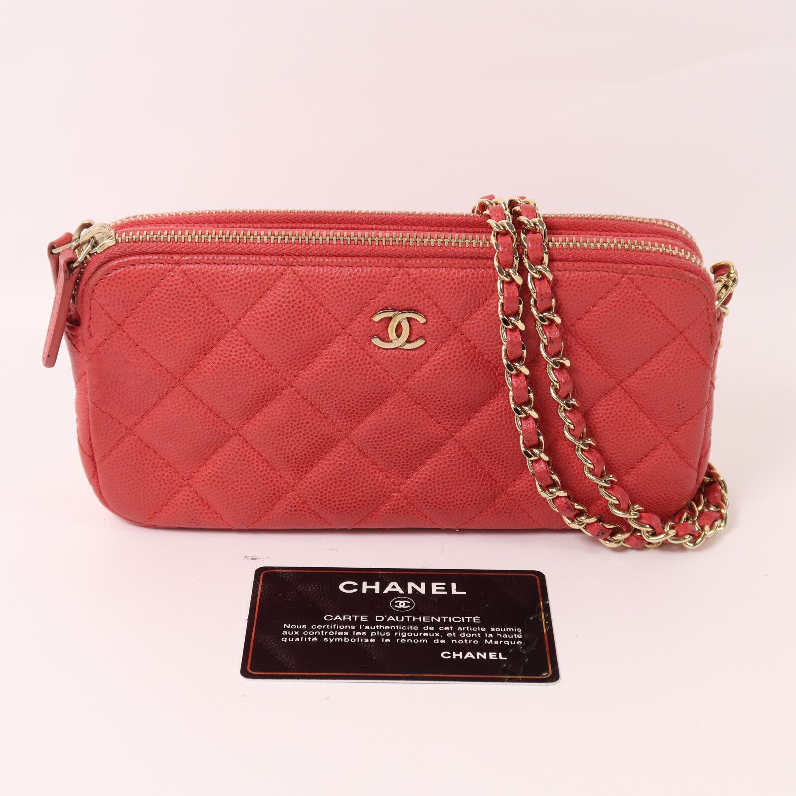 Caviar Leather Chain Double Zip Clutch w/GHW — view 11