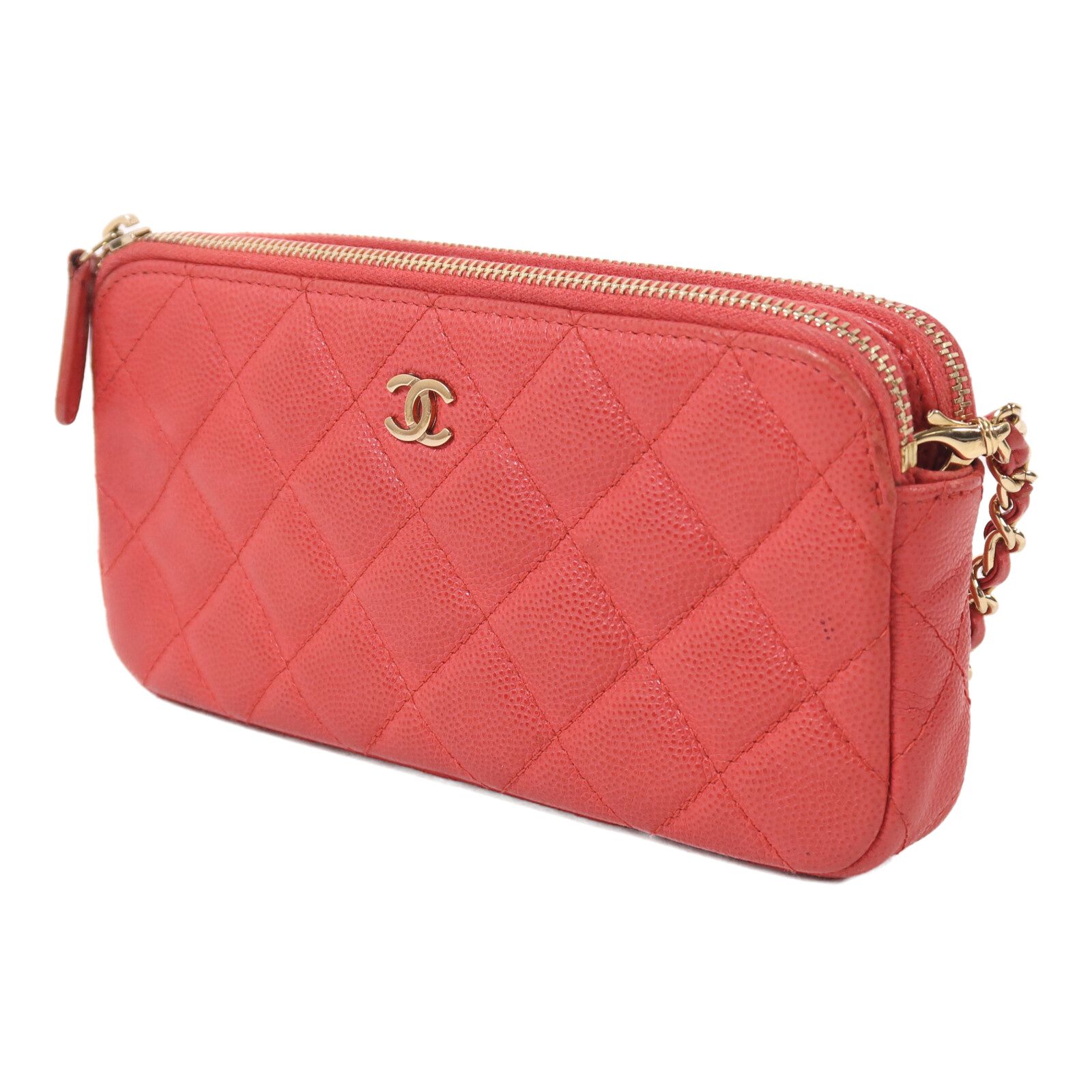Caviar Leather Chain Double Zip Clutch w/GHW — view 3