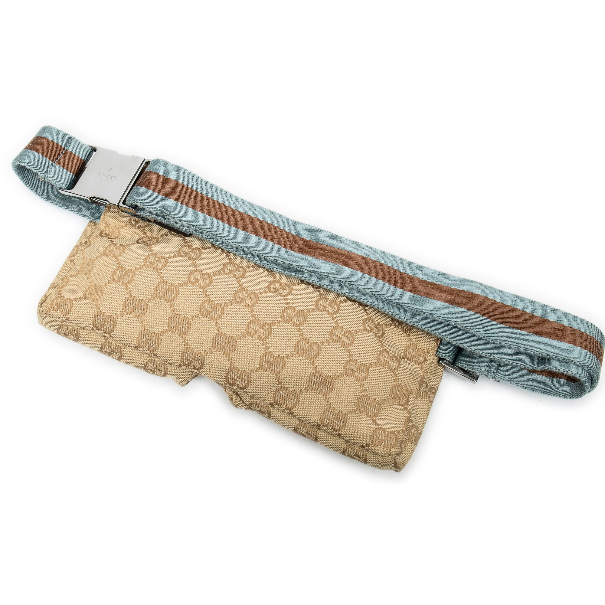 Mini Web Waist Pouch Beige/Light Blue Monogrammed Canvas Silver — view 2