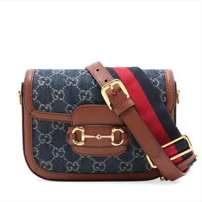 New Denim GG Monogram Dollar Calfskin Web Mini Horsebit 1955 Shoulder Bag