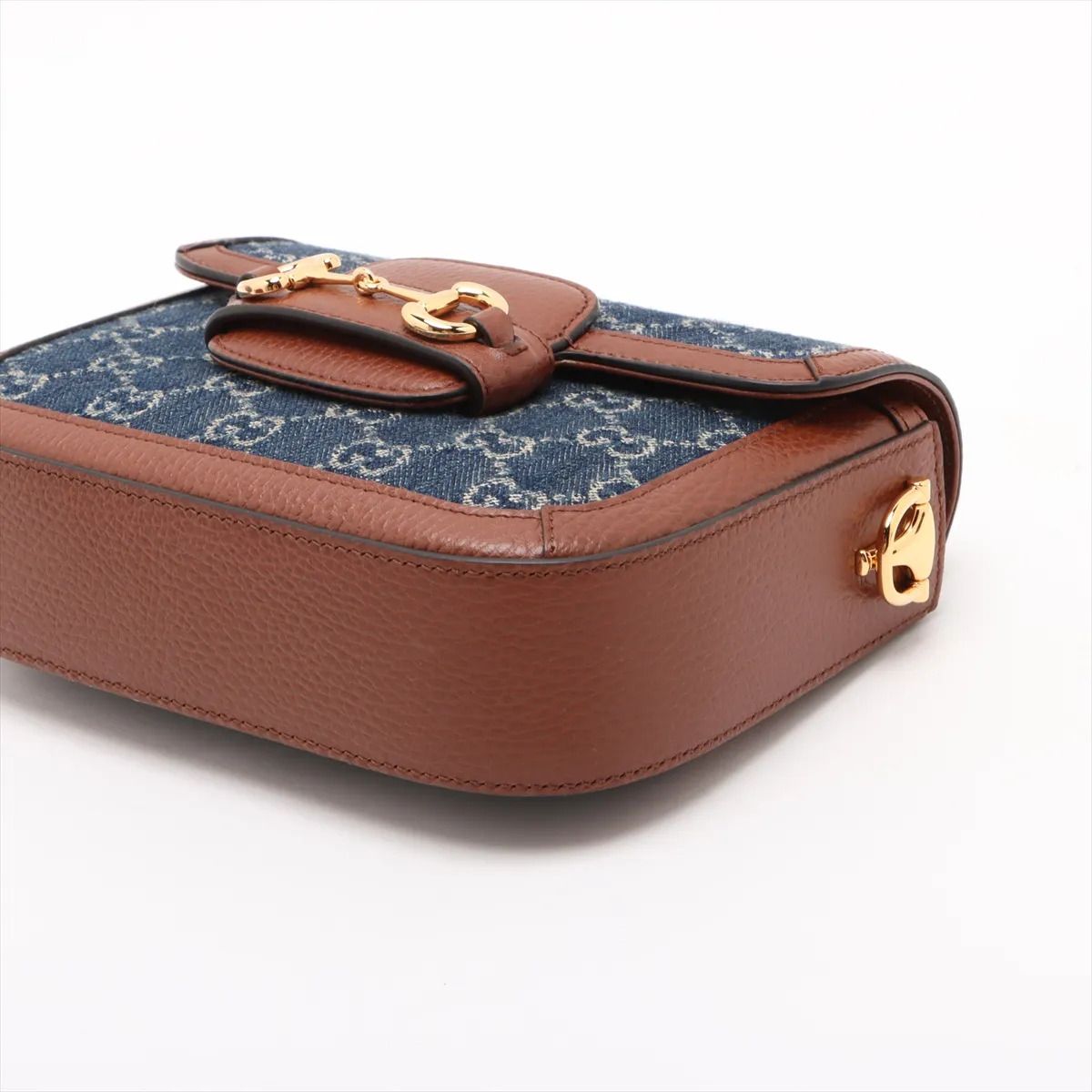 New Denim GG Monogram Dollar Calfskin Web Mini Horsebit 1955 Shoulder Bag — view 3