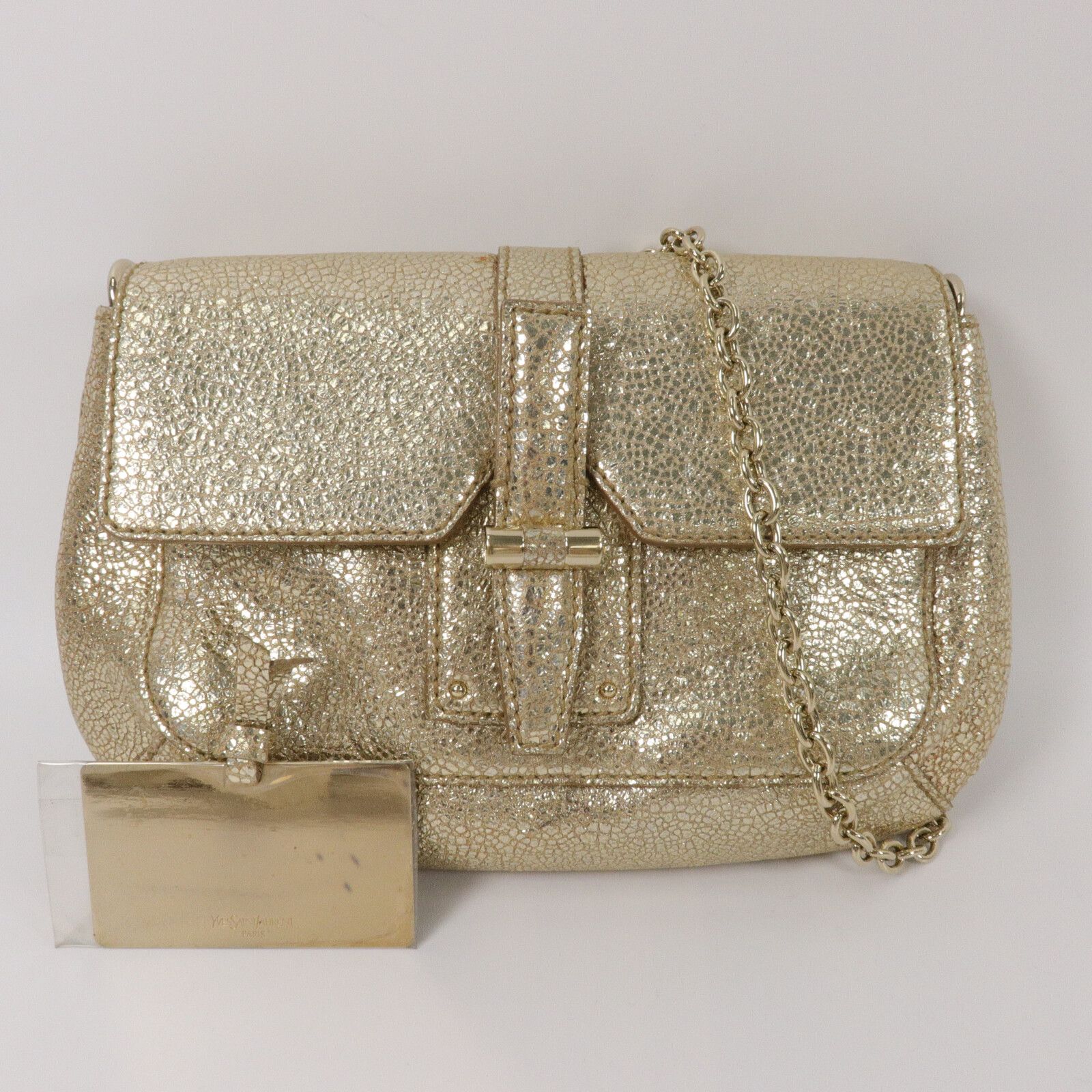 Yves Saint Laurent Vintage Gold Cracked Leather Emma Chain Shoulder Bag — view 11