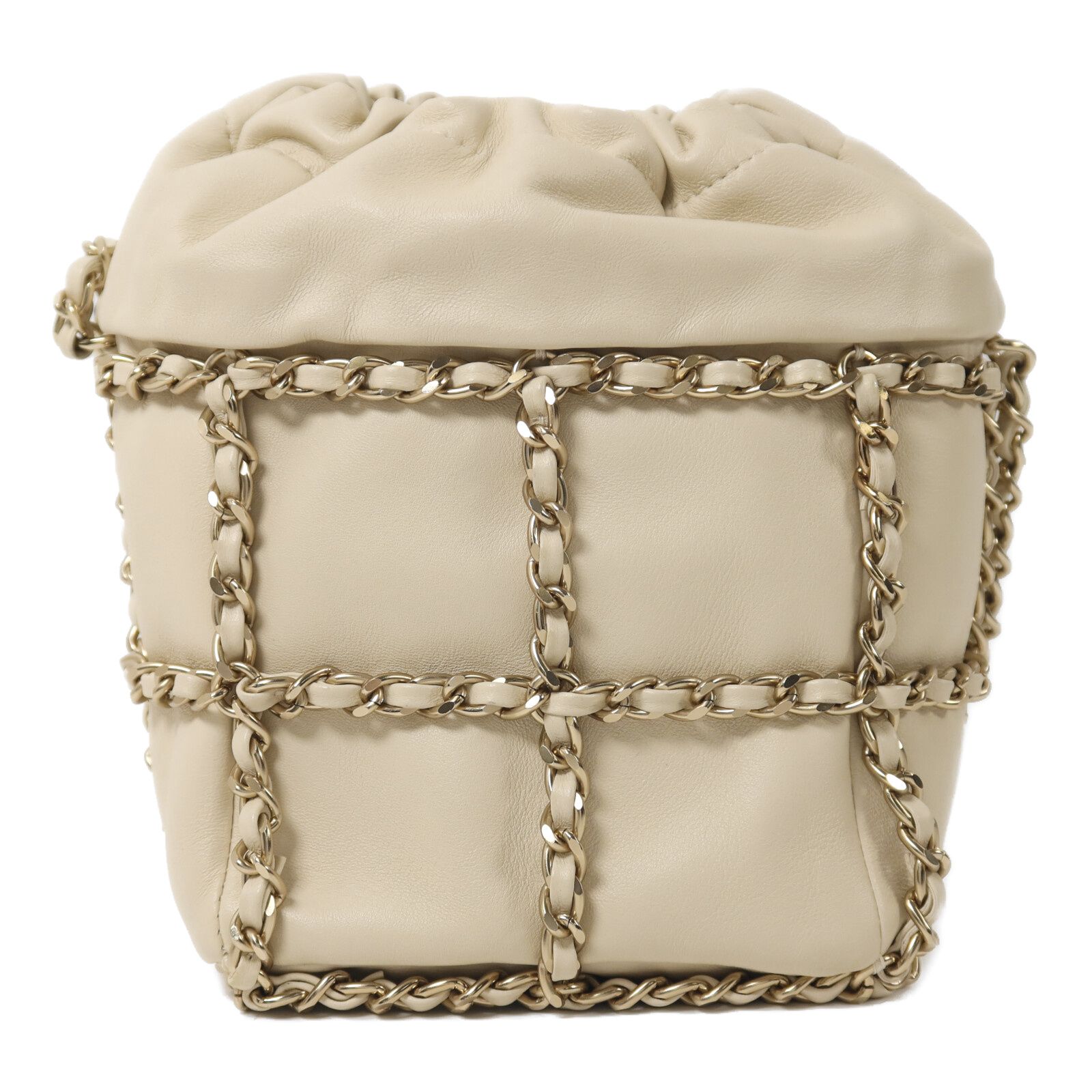 Chain Drawstring Bucket Bag w/GHW, Neutral — view 2