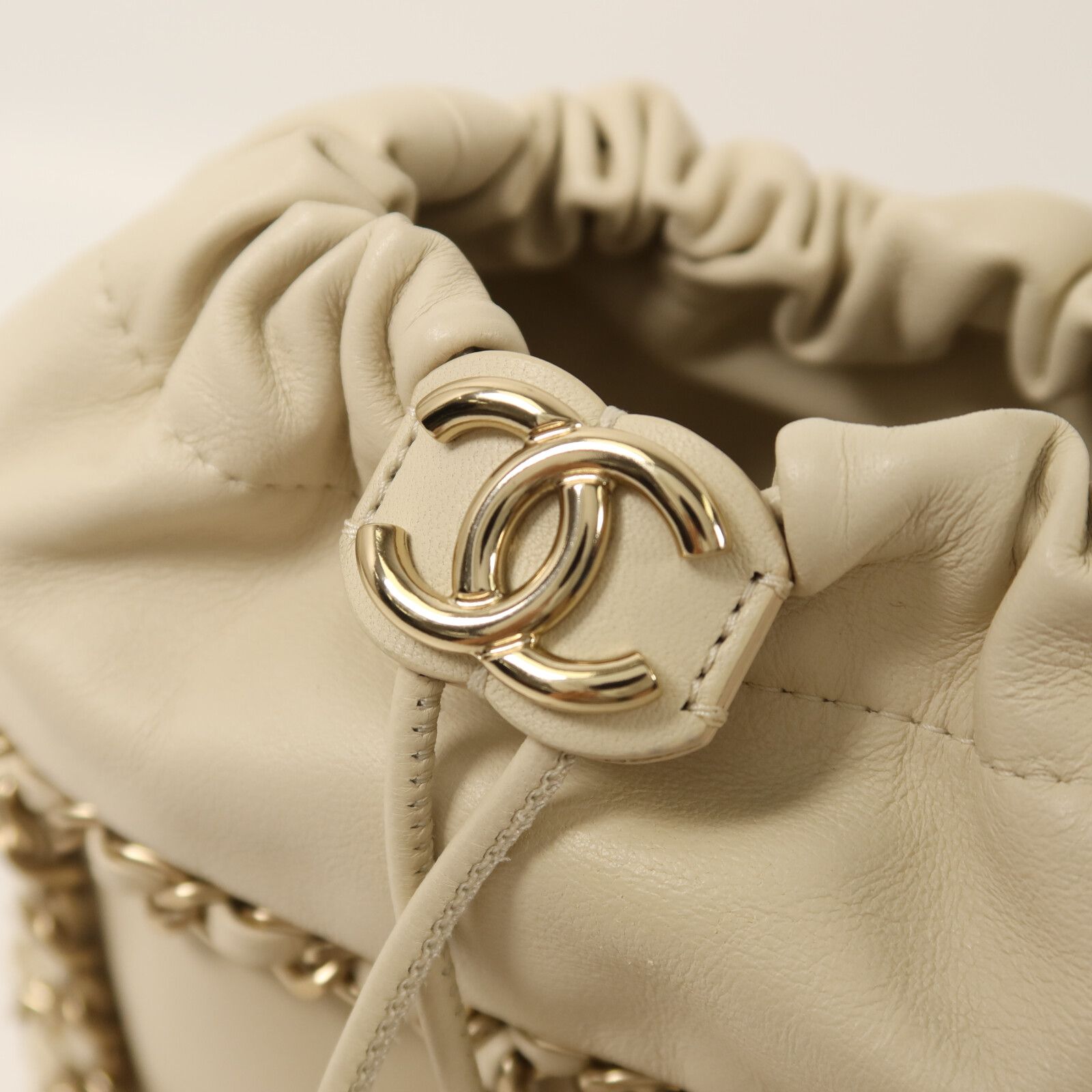 Chain Drawstring Bucket Bag w/GHW, Neutral — view 11