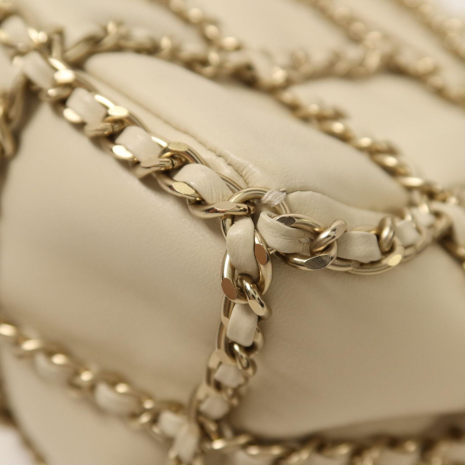 Chain Drawstring Bucket Bag w/GHW, Neutral — view 15