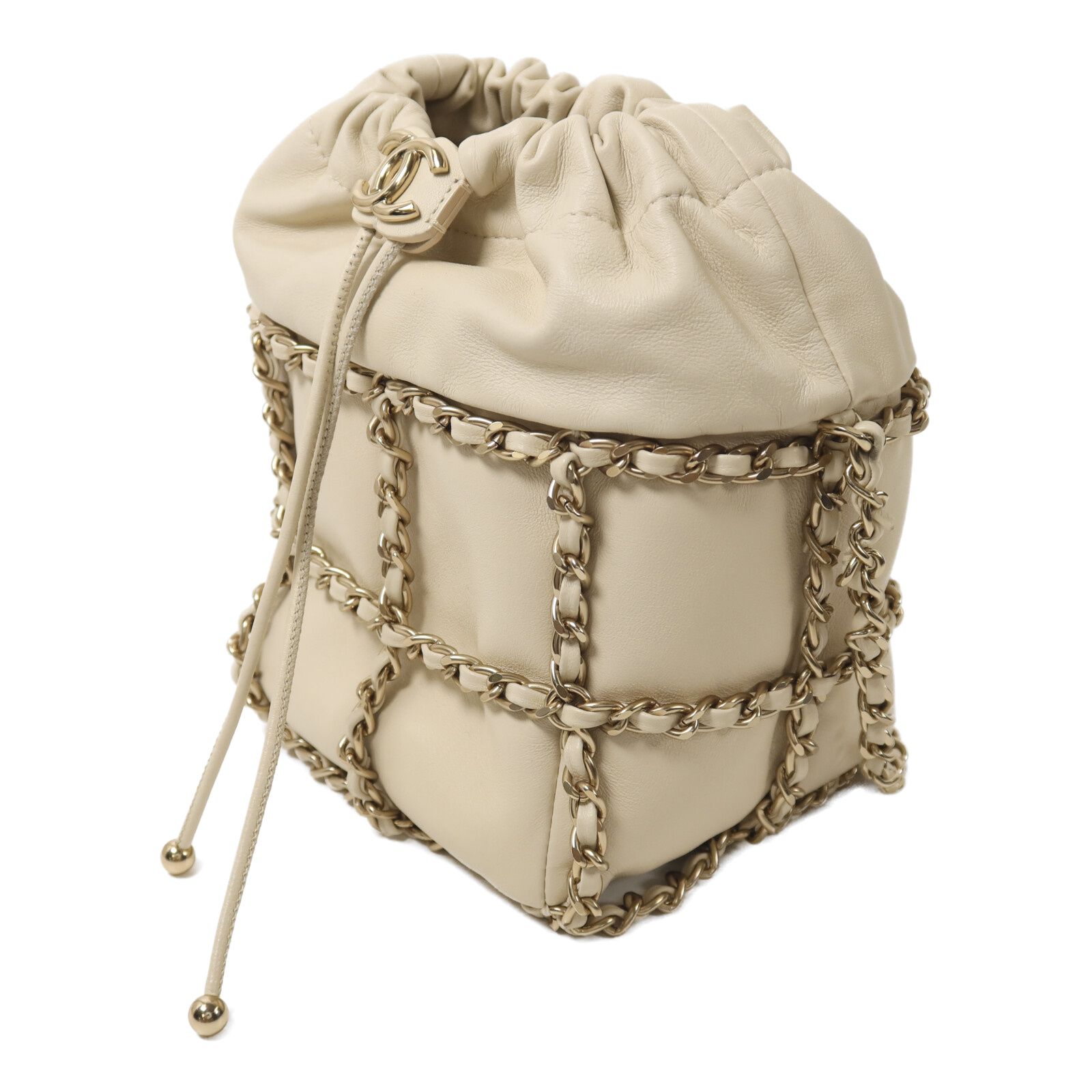 Chain Drawstring Bucket Bag w/GHW, Neutral — view 3