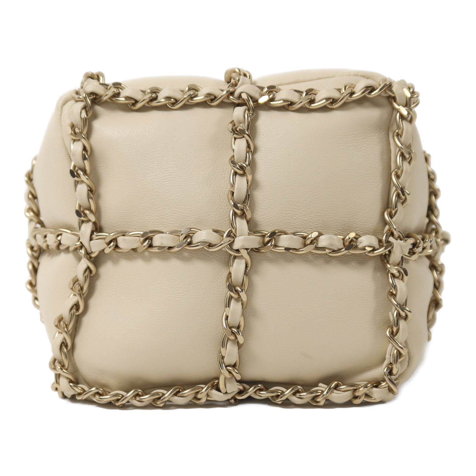 Chain Drawstring Bucket Bag w/GHW, Neutral — view 4
