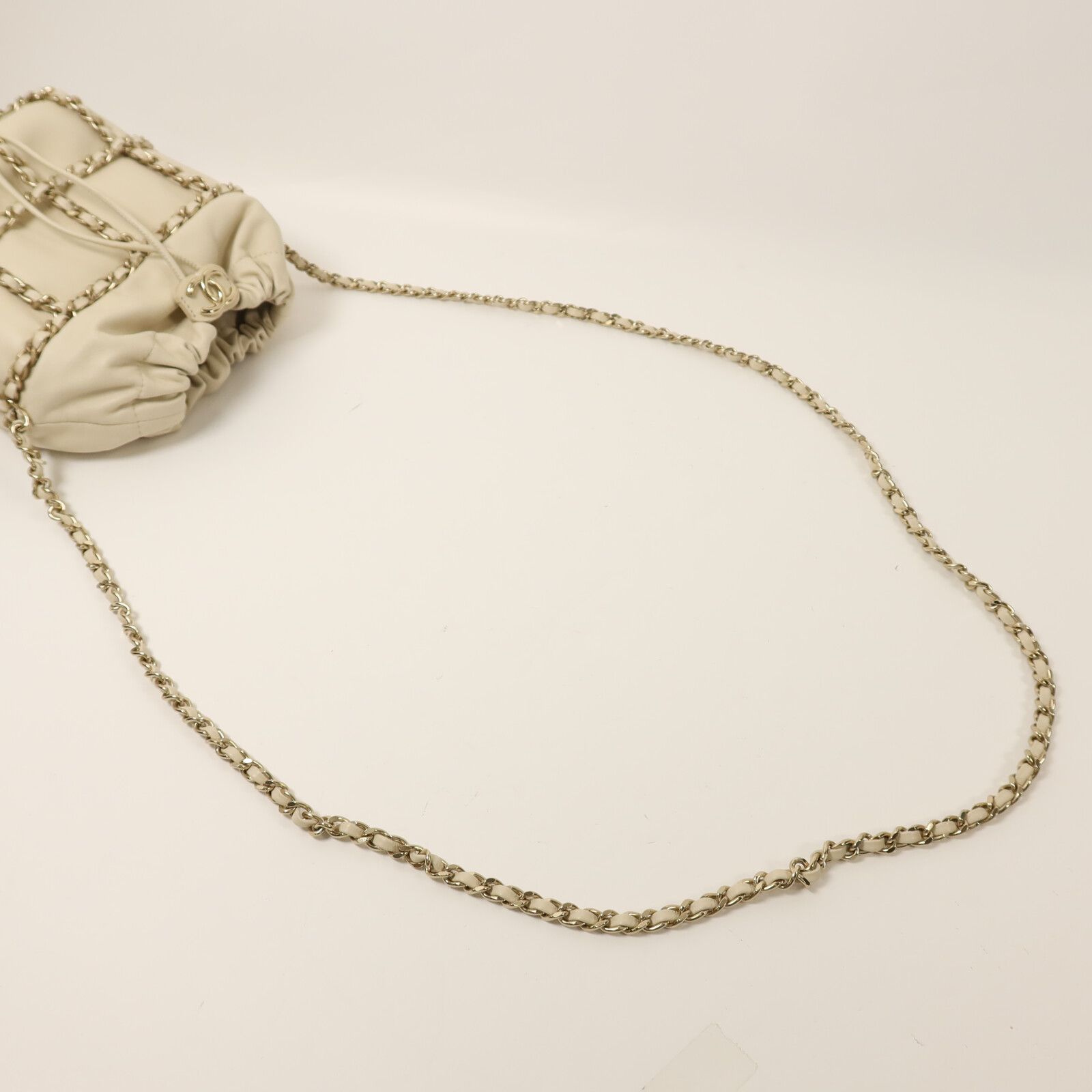 Chain Drawstring Bucket Bag w/GHW, Neutral — view 8
