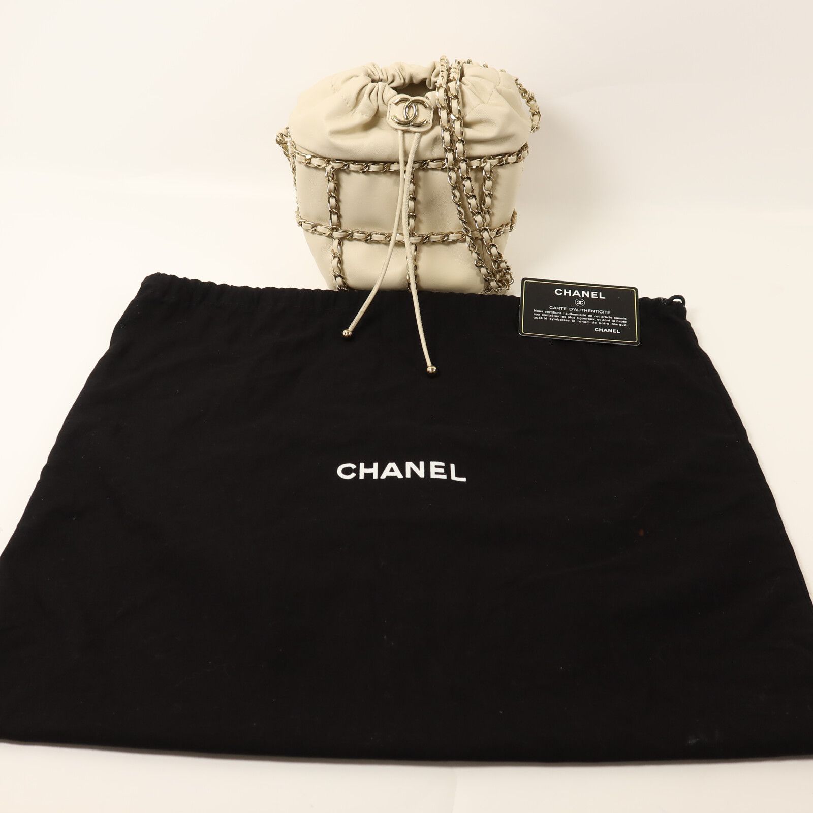 Chain Drawstring Bucket Bag w/GHW, Neutral — view 10