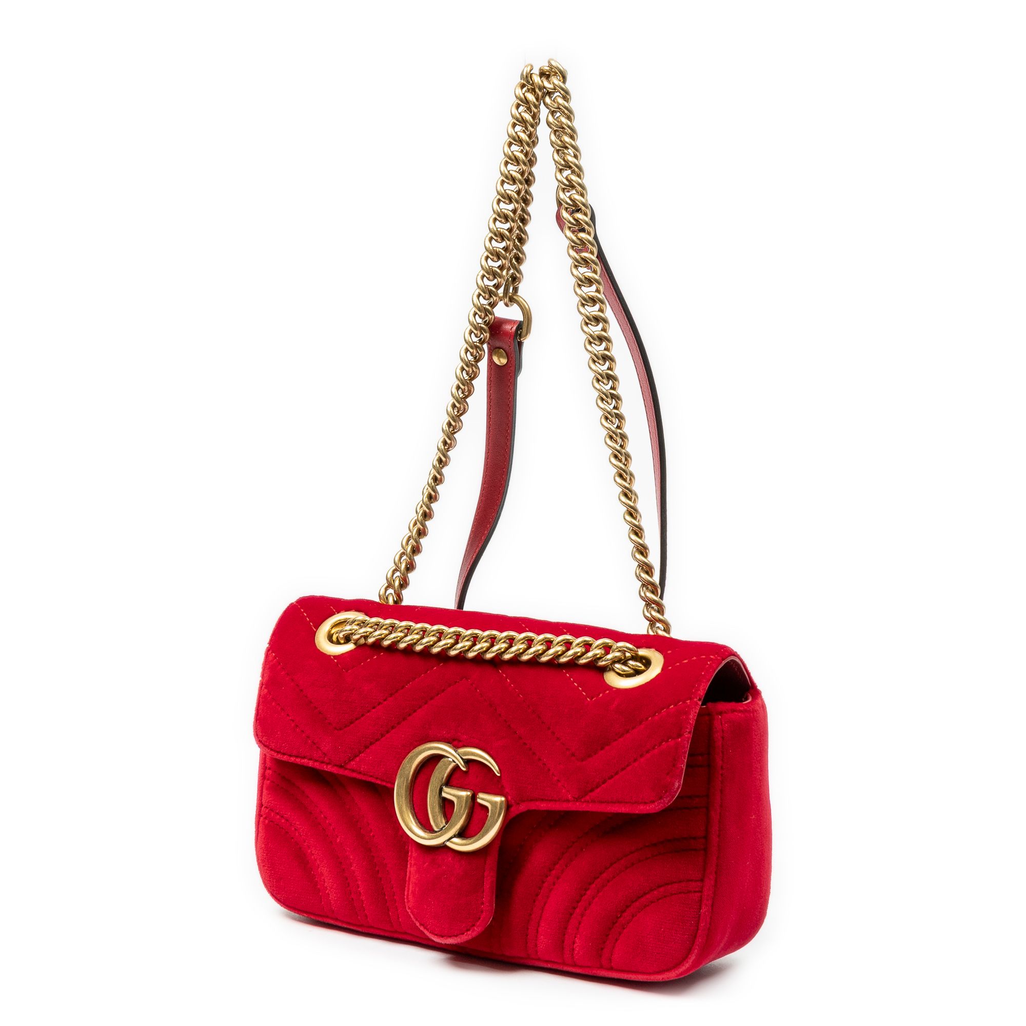 Mini GG Marmont Chain Crossbody Red Quilted Velvet Canvas Gold — view 2