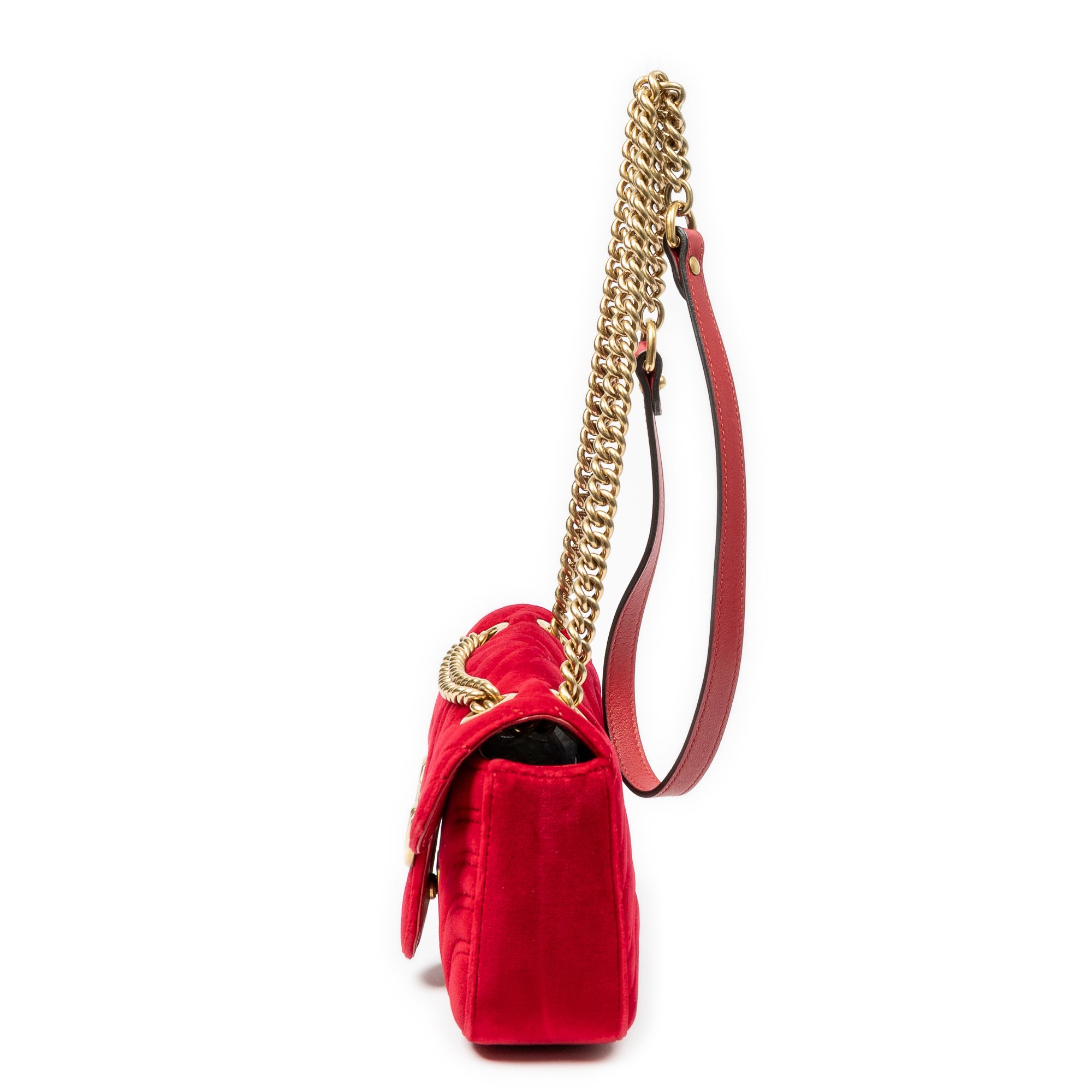 Mini GG Marmont Chain Crossbody Red Quilted Velvet Canvas Gold — view 3