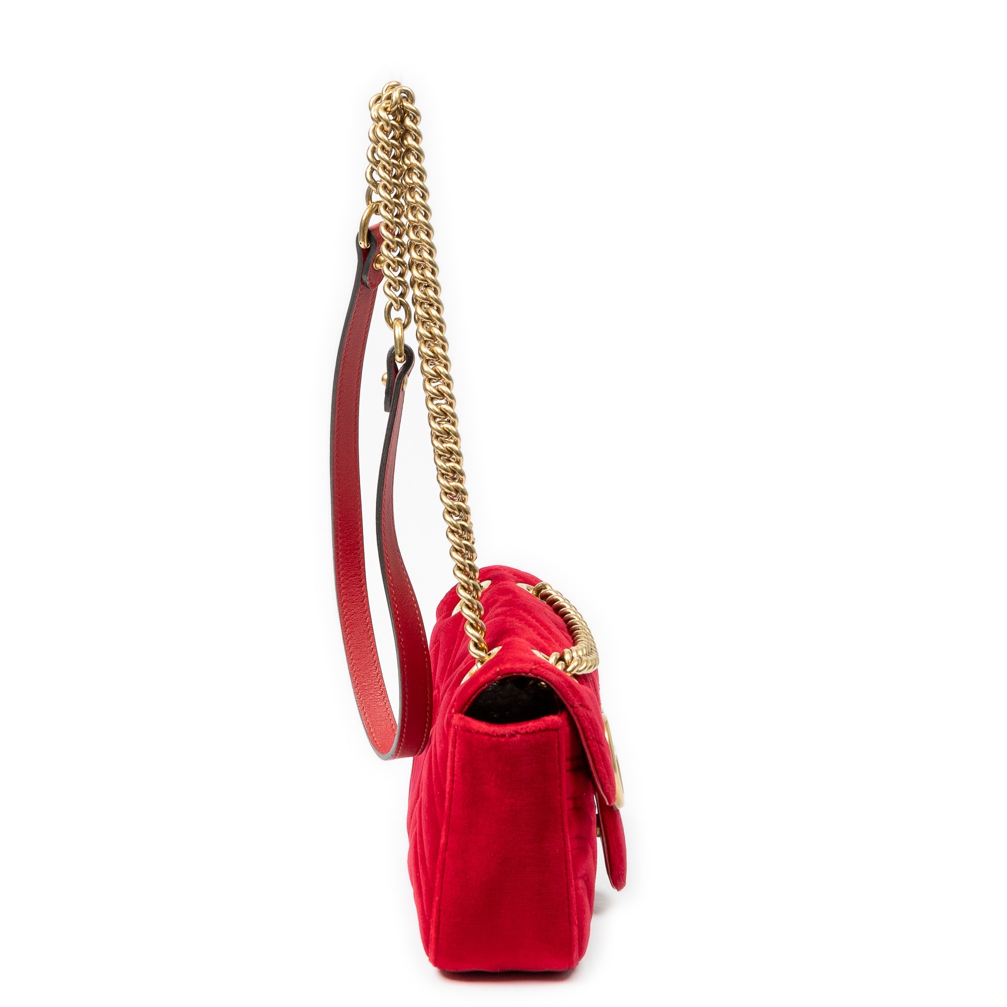 Mini GG Marmont Chain Crossbody Red Quilted Velvet Canvas Gold — view 4