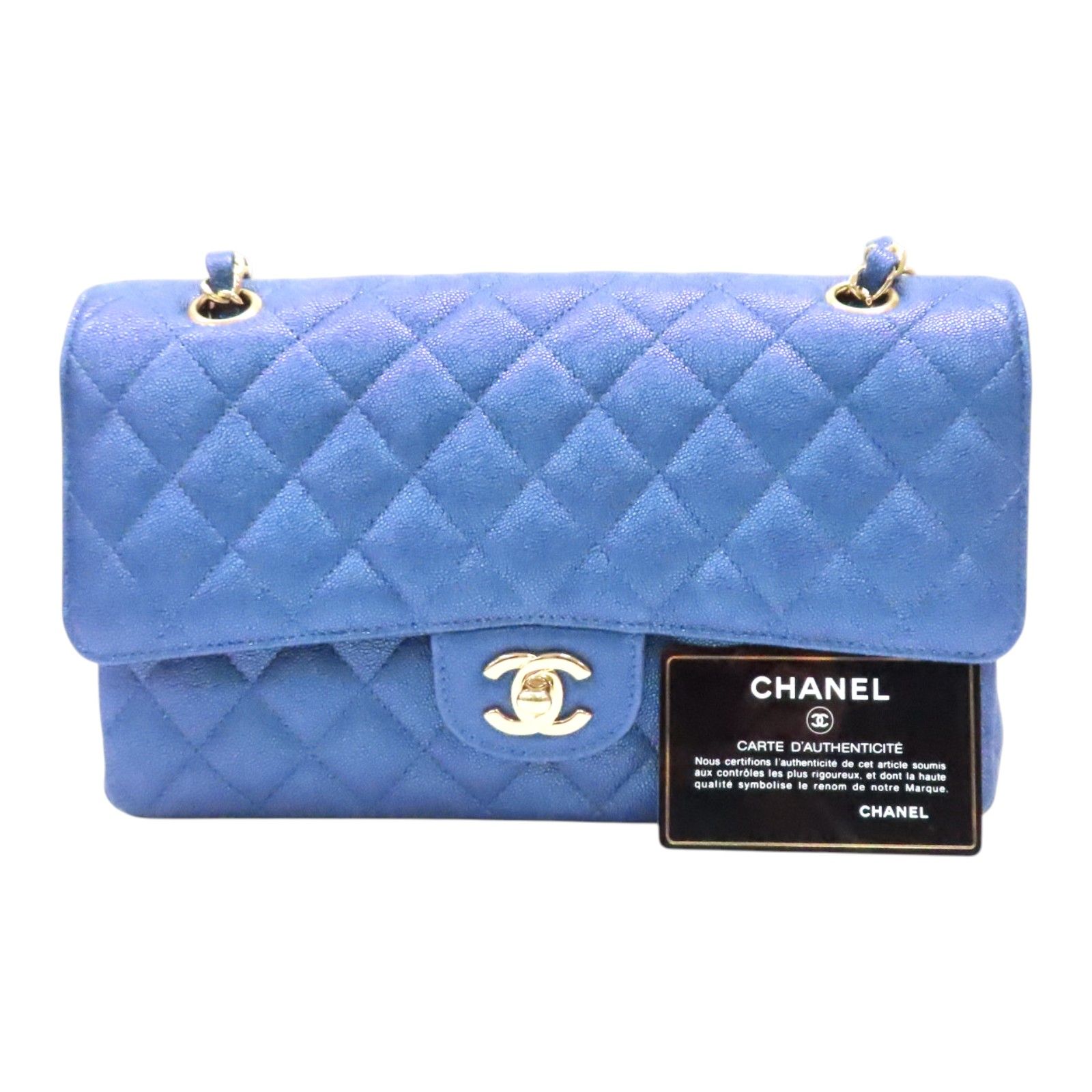 Classic Flap Shoulder Handbag Blue Iridescent Grained Calfskin — view 2