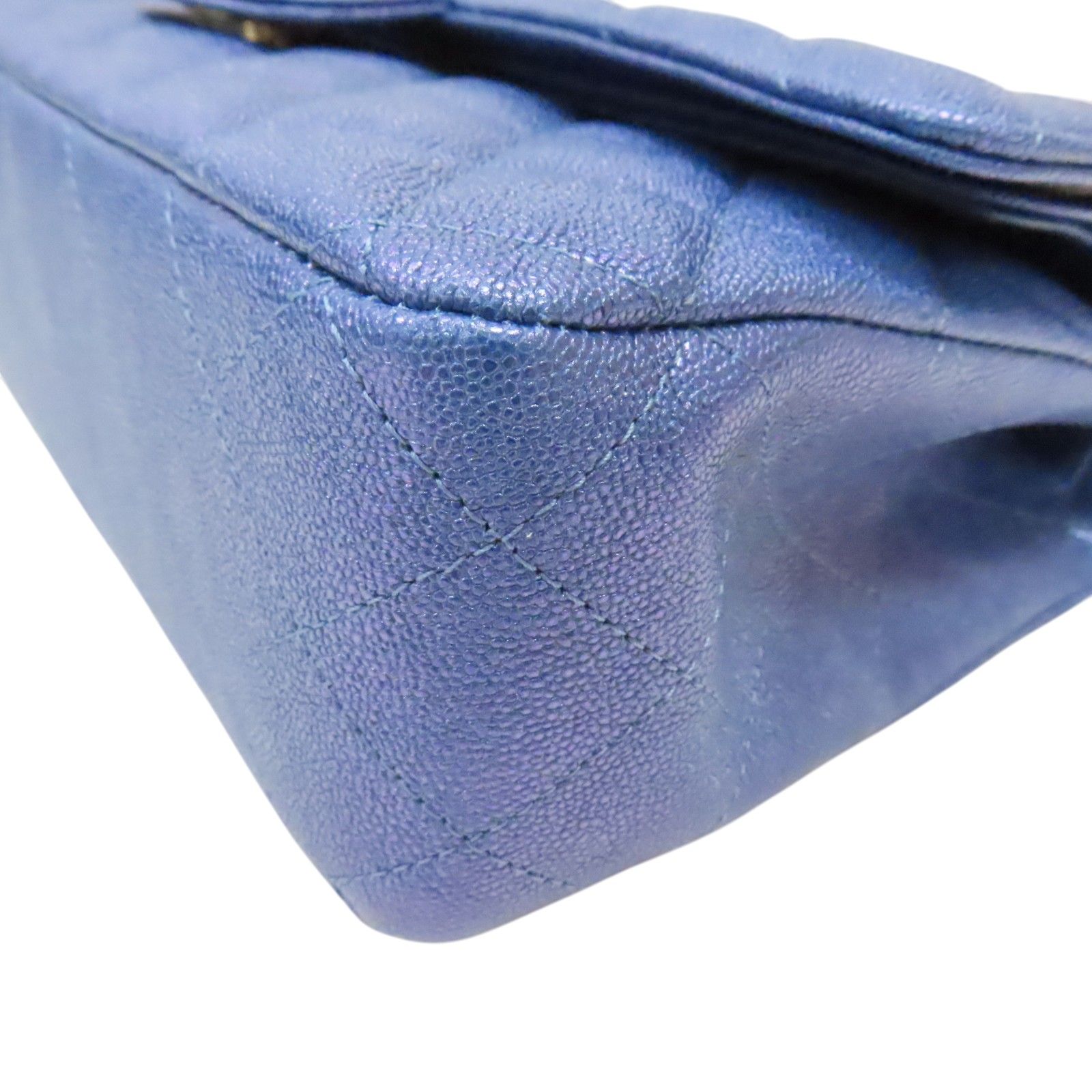 Classic Flap Shoulder Handbag Blue Iridescent Grained Calfskin — view 12