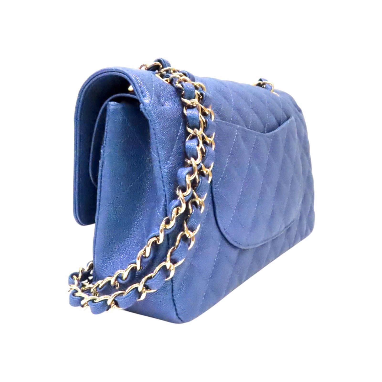Classic Flap Shoulder Handbag Blue Iridescent Grained Calfskin — view 3