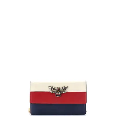 Calfskin Queen Margaret Chain Wallet Blue Agata Hibiscus Red Mystic White