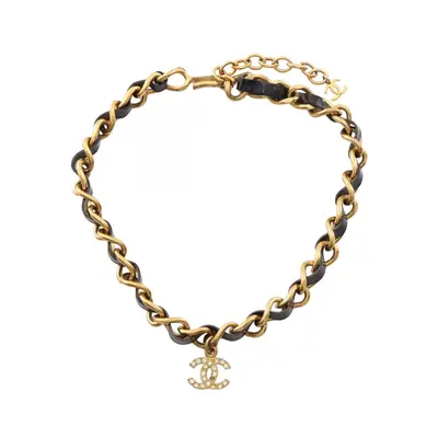 Vintage Interwoven Leather and Gold CC Choker Necklace w/CC Crystal Logo Pendant