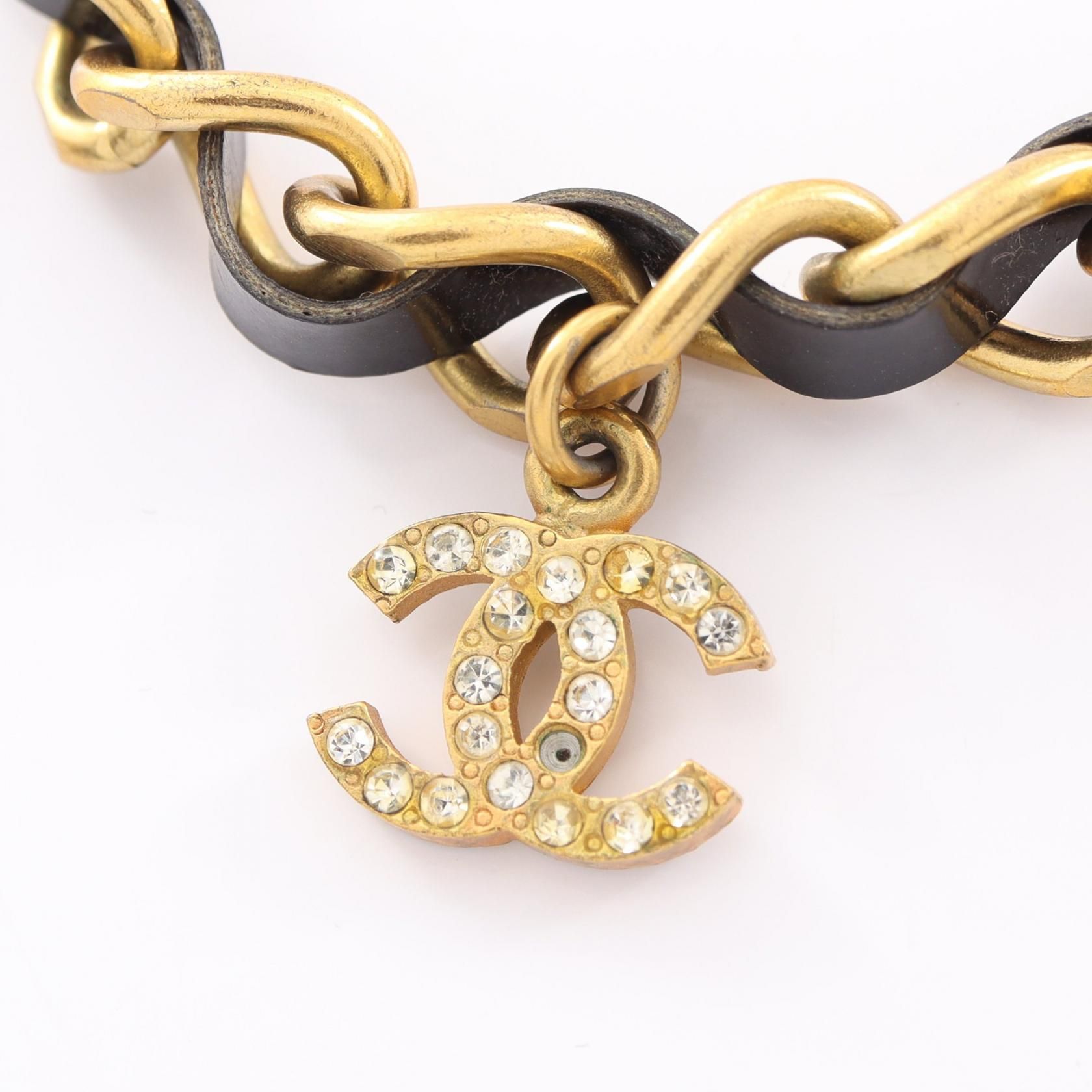 Vintage Interwoven Leather and Gold CC Choker Necklace w/CC Crystal Logo Pendant — view 2