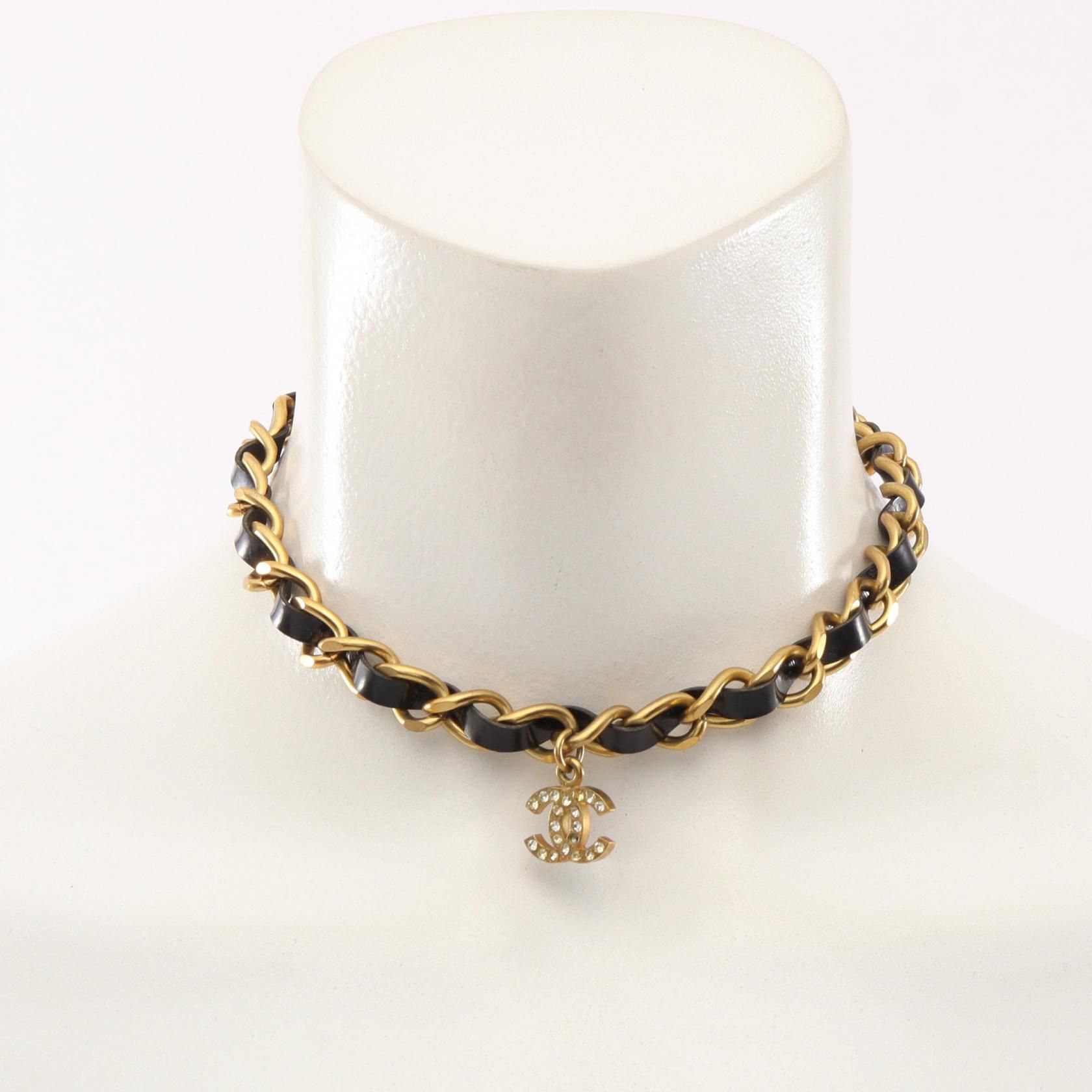 Vintage Interwoven Leather and Gold CC Choker Necklace w/CC Crystal Logo Pendant — view 5