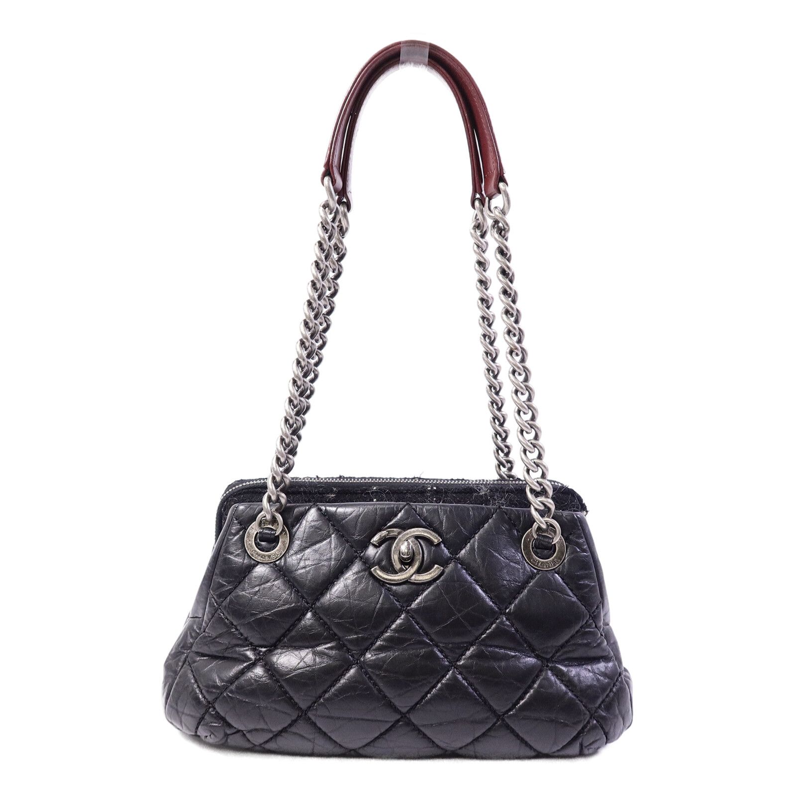 Black Tweed/cowhide Leather Chain Shoulder Bag Calfskin (cowhide)