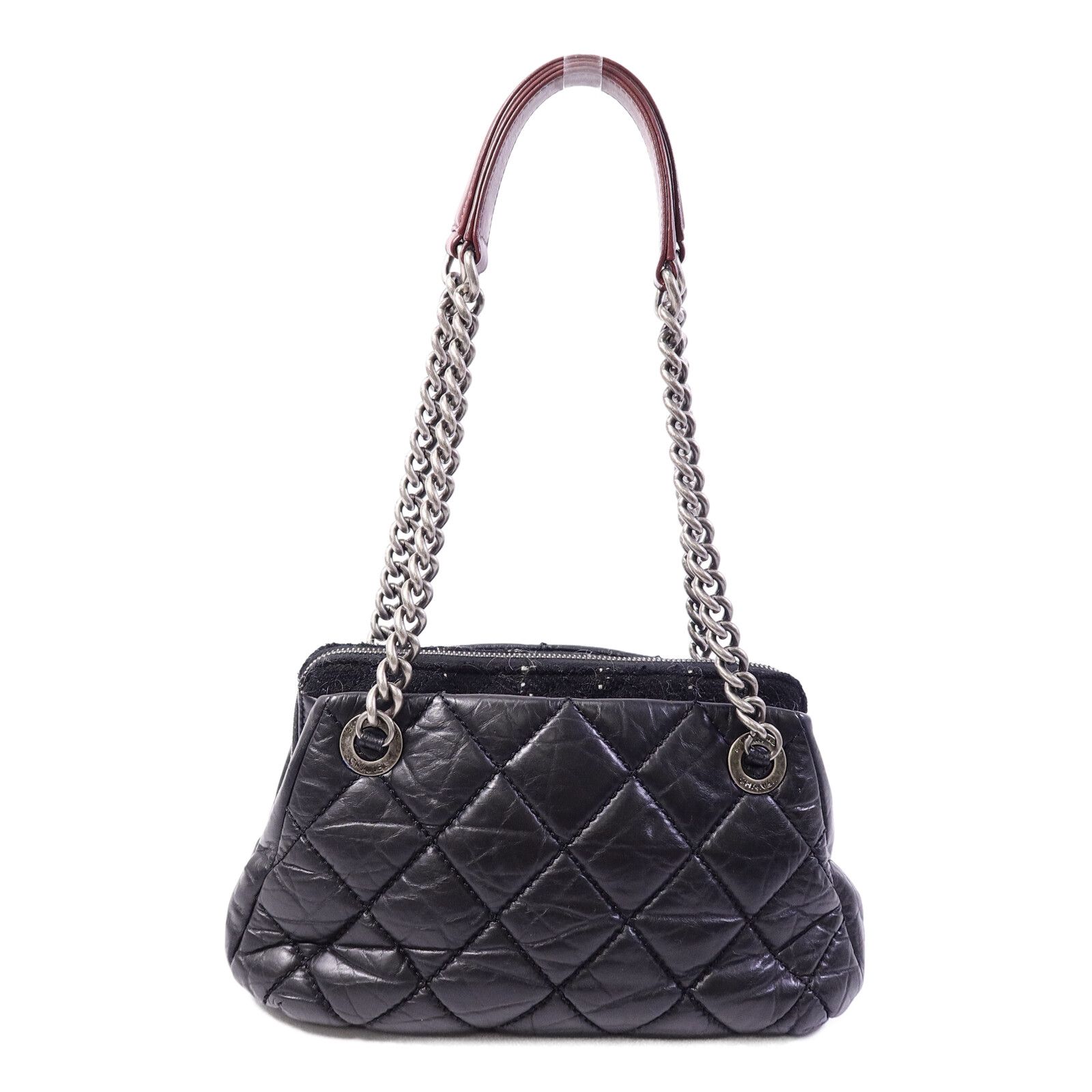 Black Tweed/cowhide Leather Chain Shoulder Bag Calfskin (cowhide) — view 2
