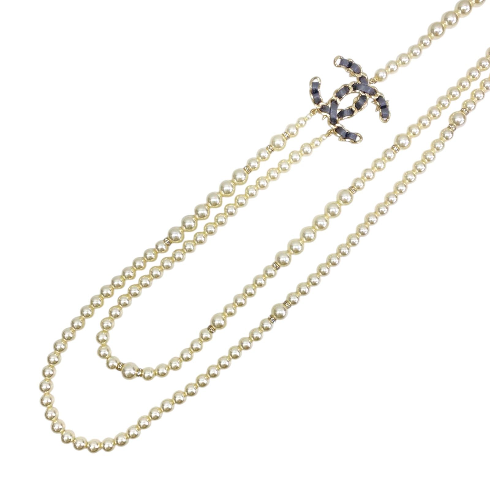 Faux Pearl CC Crystal/Leather Logo Long Necklace Gold Plated — view 2