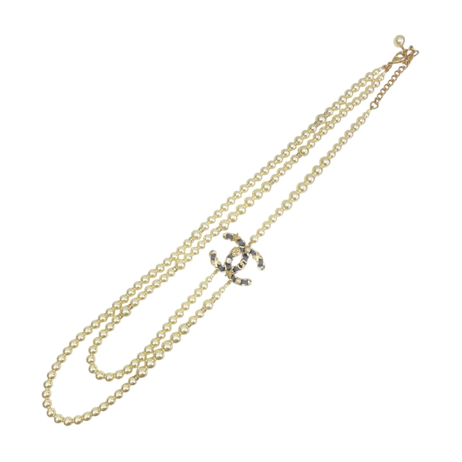 Faux Pearl CC Crystal/Leather Logo Long Necklace Gold Plated — view 3