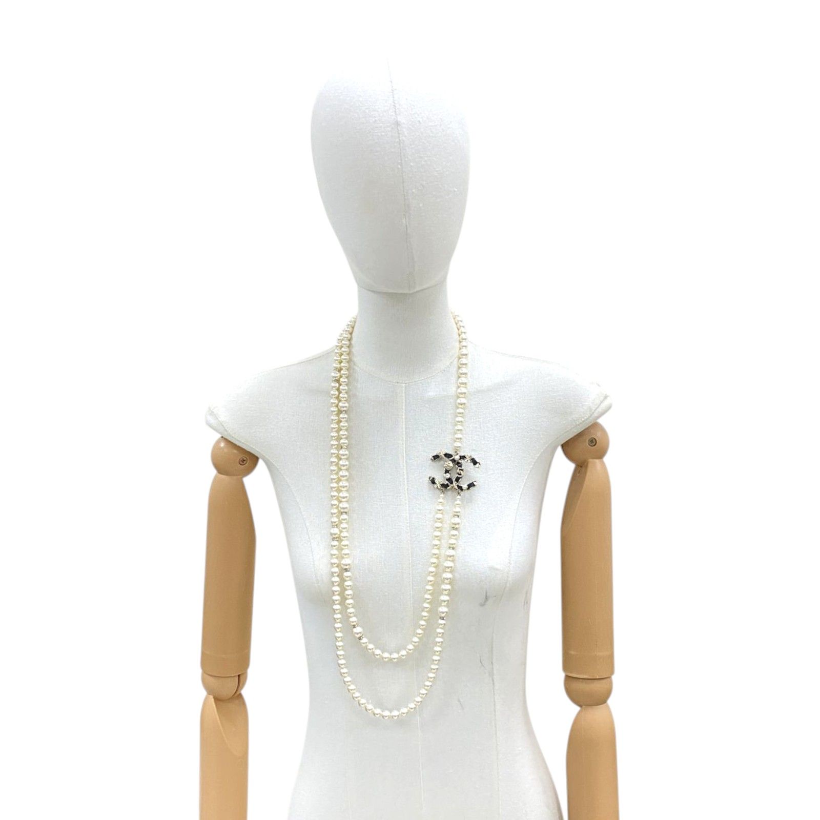 Faux Pearl CC Crystal/Leather Logo Long Necklace Gold Plated — view 6