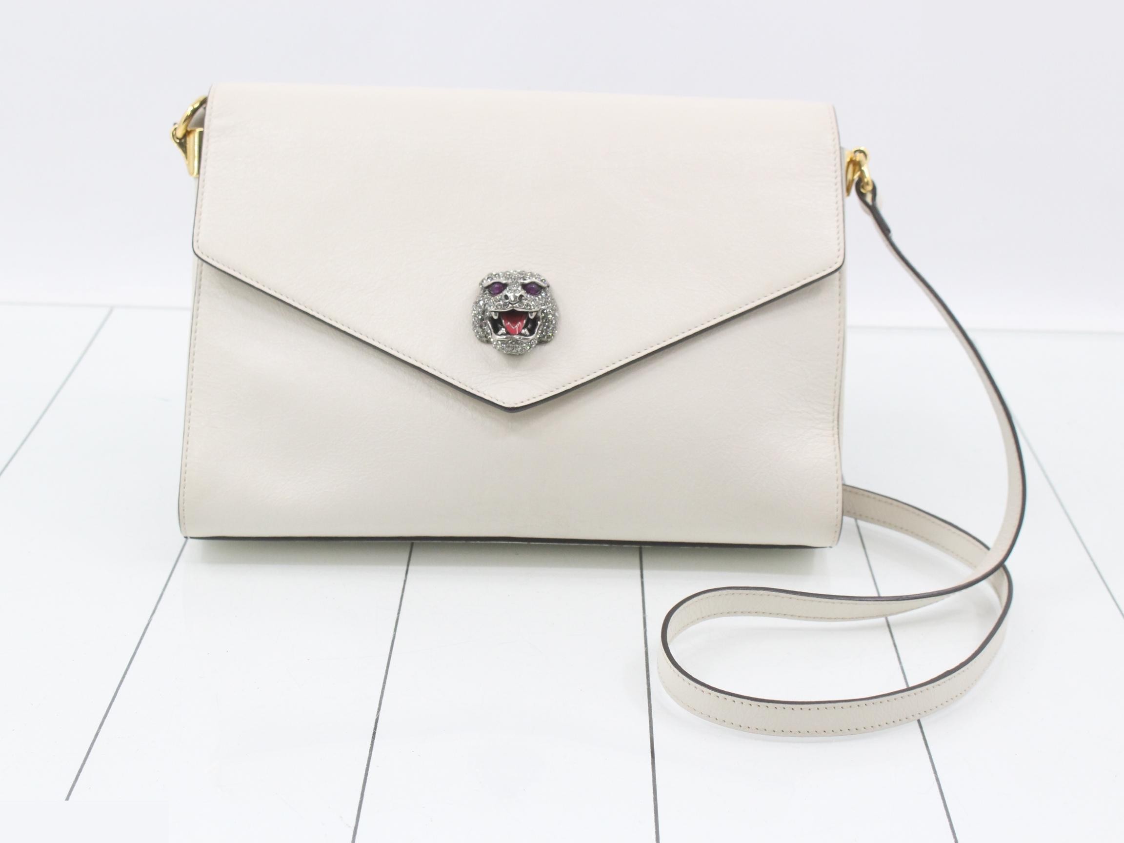 Animalier Shoulder Bag, Leather, White, Cat