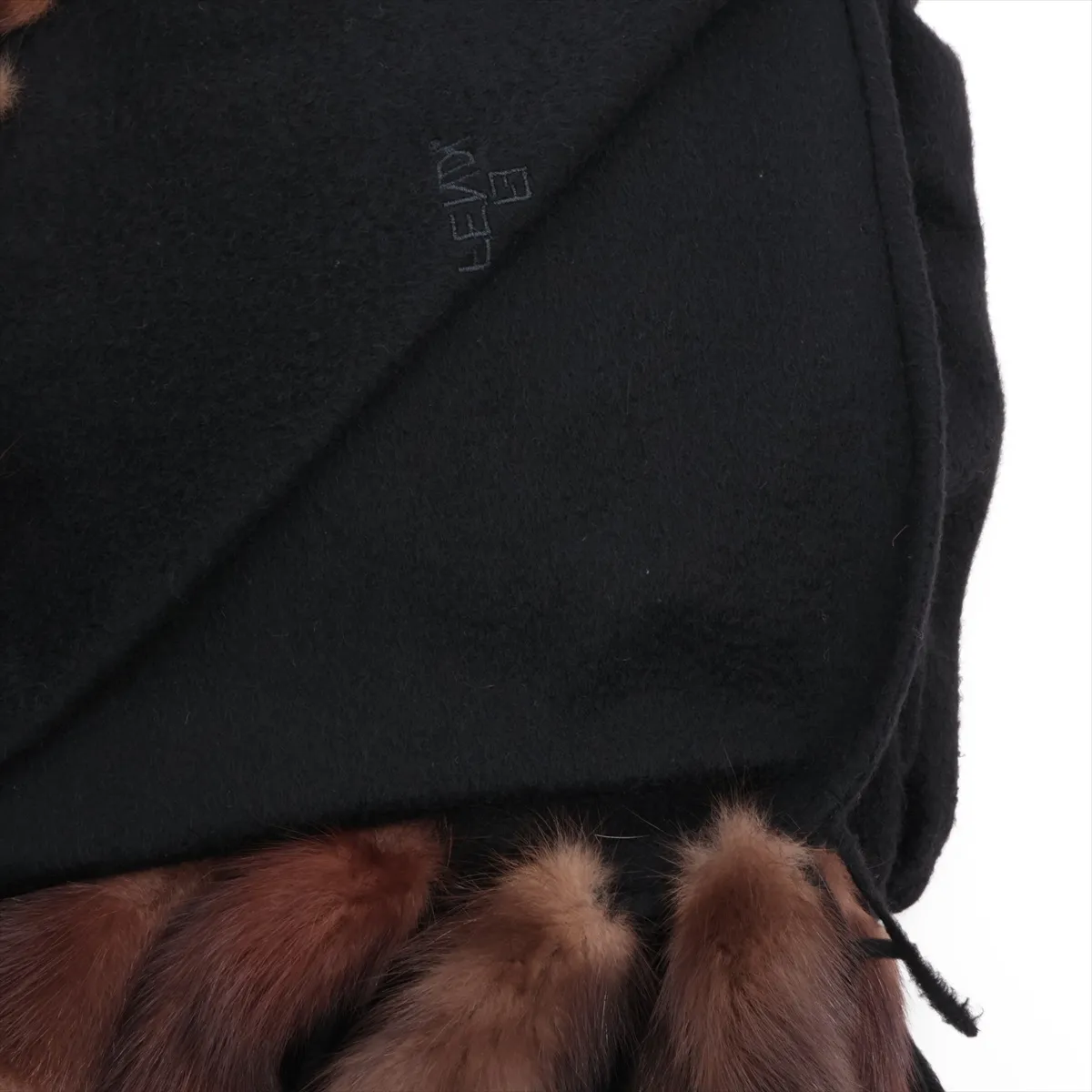 logo stole, fur and fabric, black and brown. Shows wear, — view 2