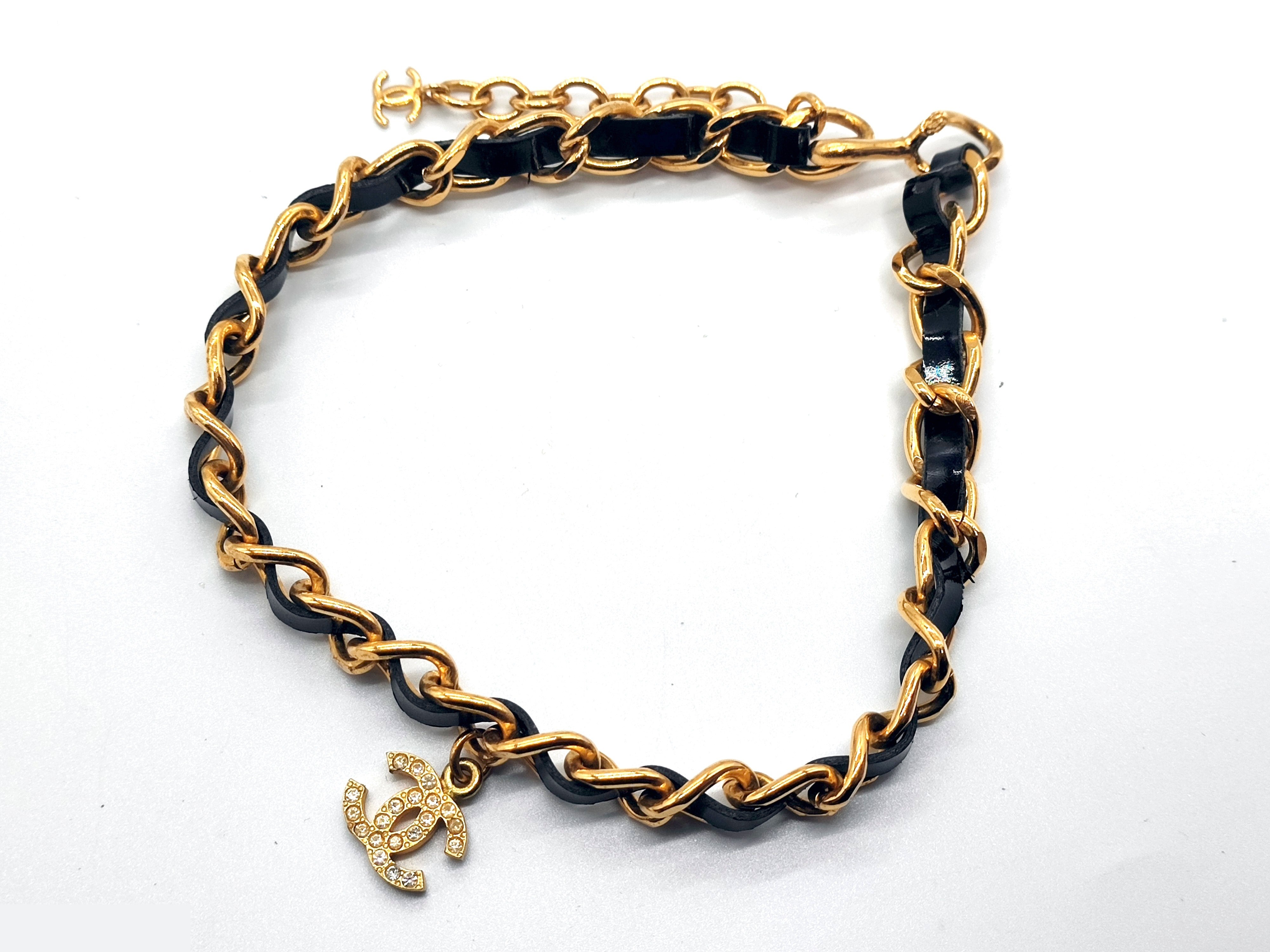 Coco Mark Rhinestone Leather Chain Necklace 95A — view 4
