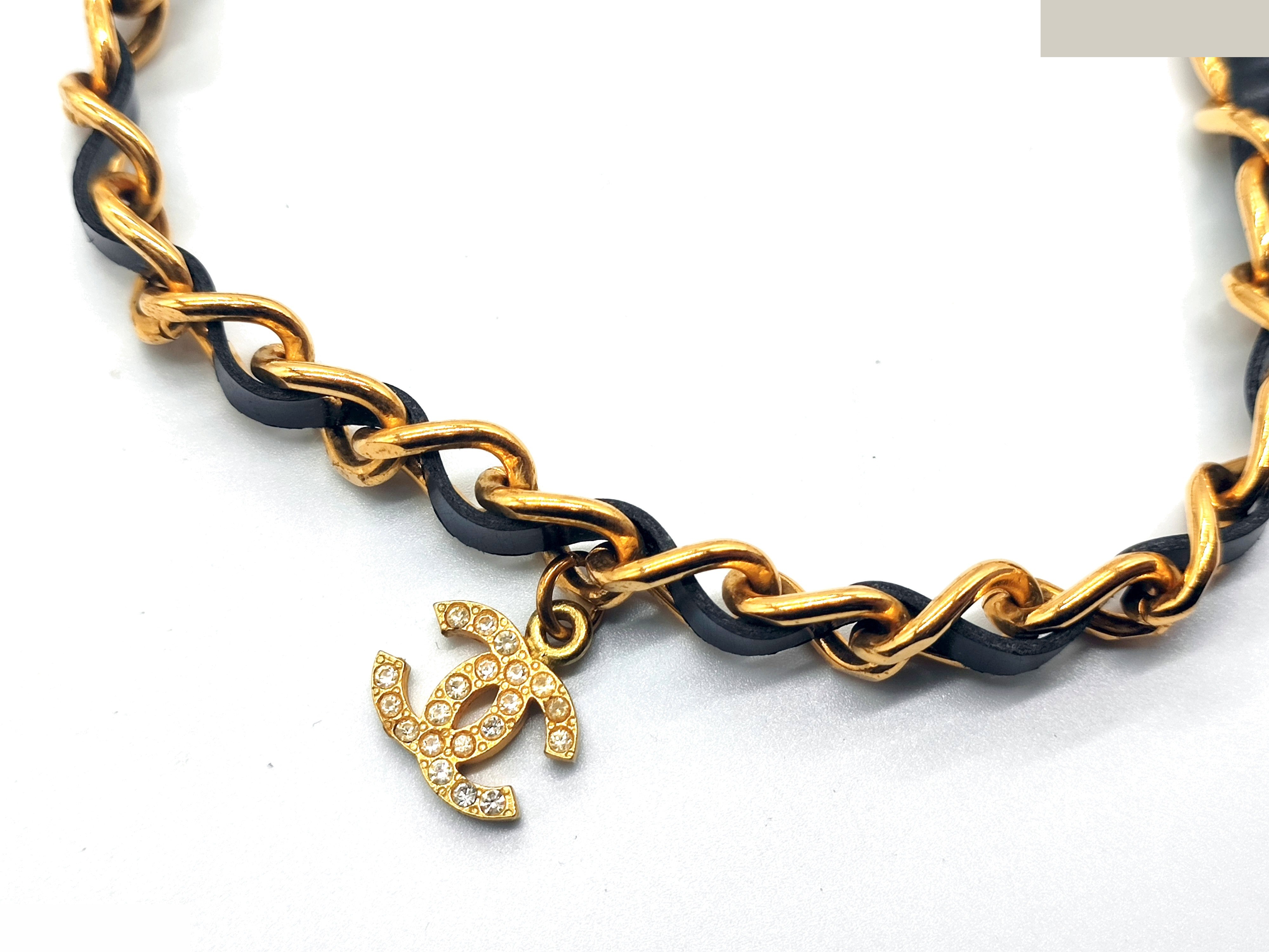Coco Mark Rhinestone Leather Chain Necklace 95A — view 5