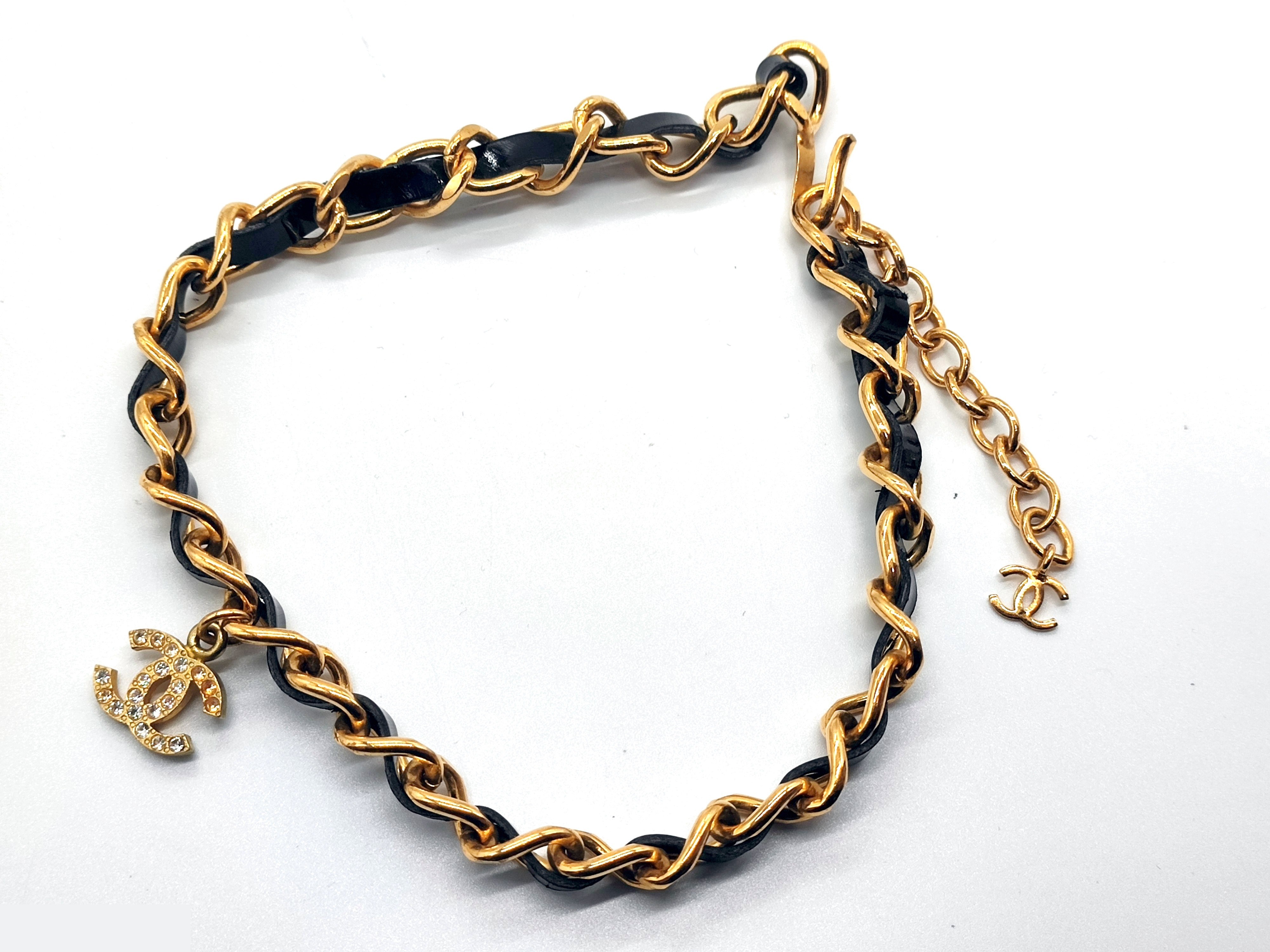 Coco Mark Rhinestone Leather Chain Necklace 95A — view 7