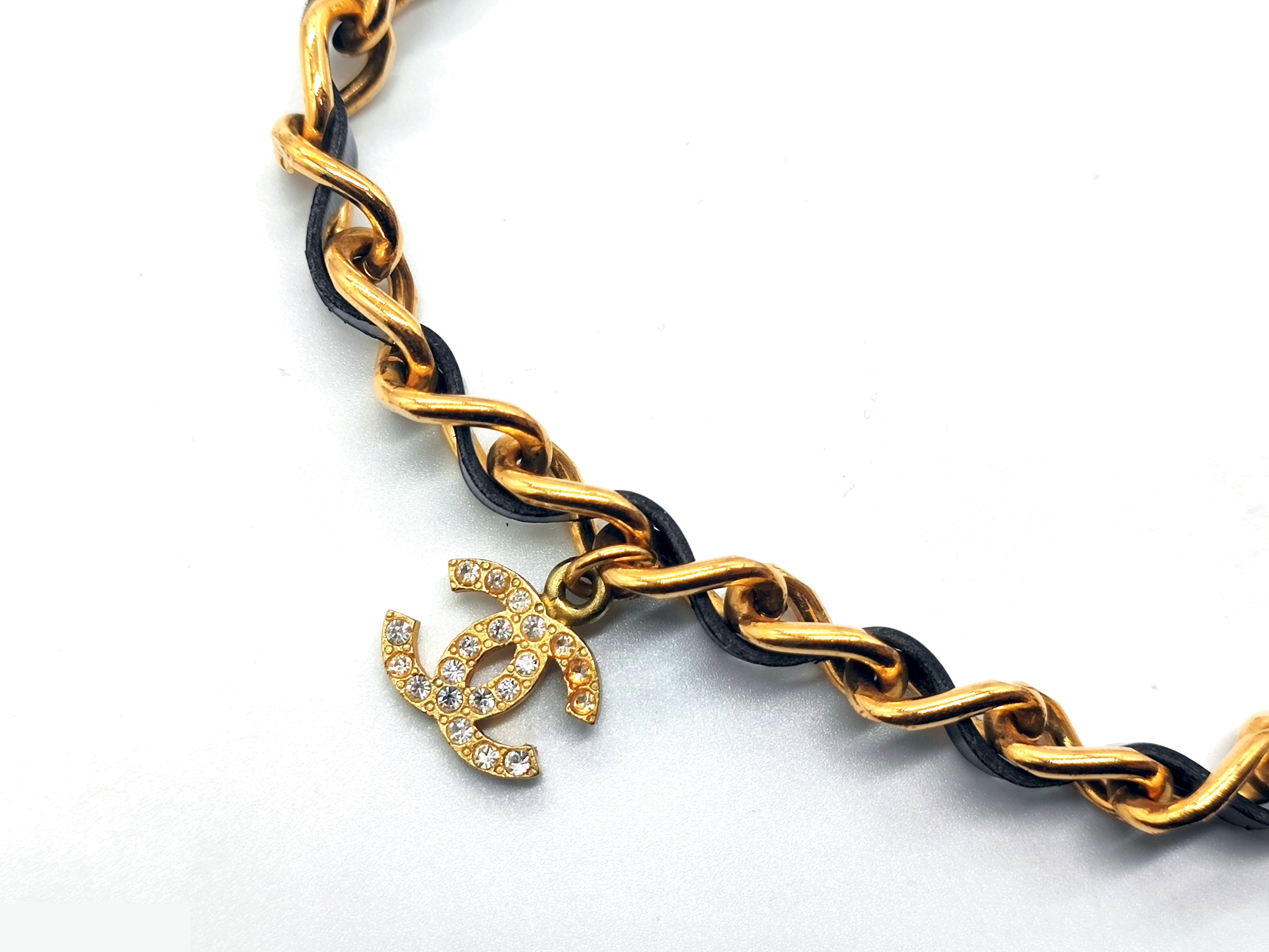 Coco Mark Rhinestone Leather Chain Necklace 95A — view 8