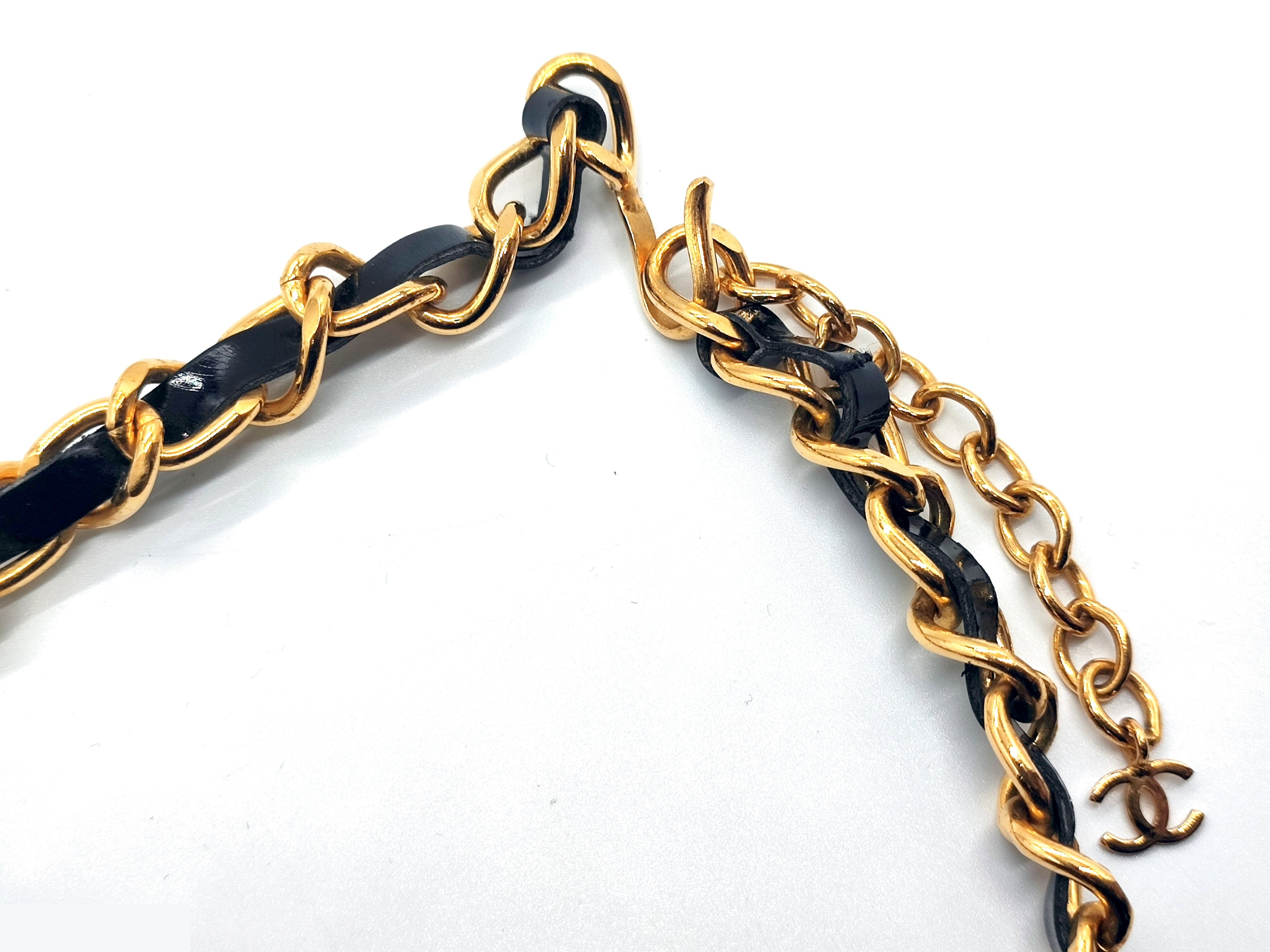 Coco Mark Rhinestone Leather Chain Necklace 95A — view 9