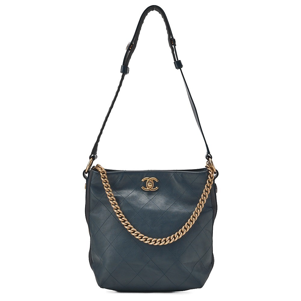 Leather Skin Matelassé 2-Way Shoulder Bag, Navy